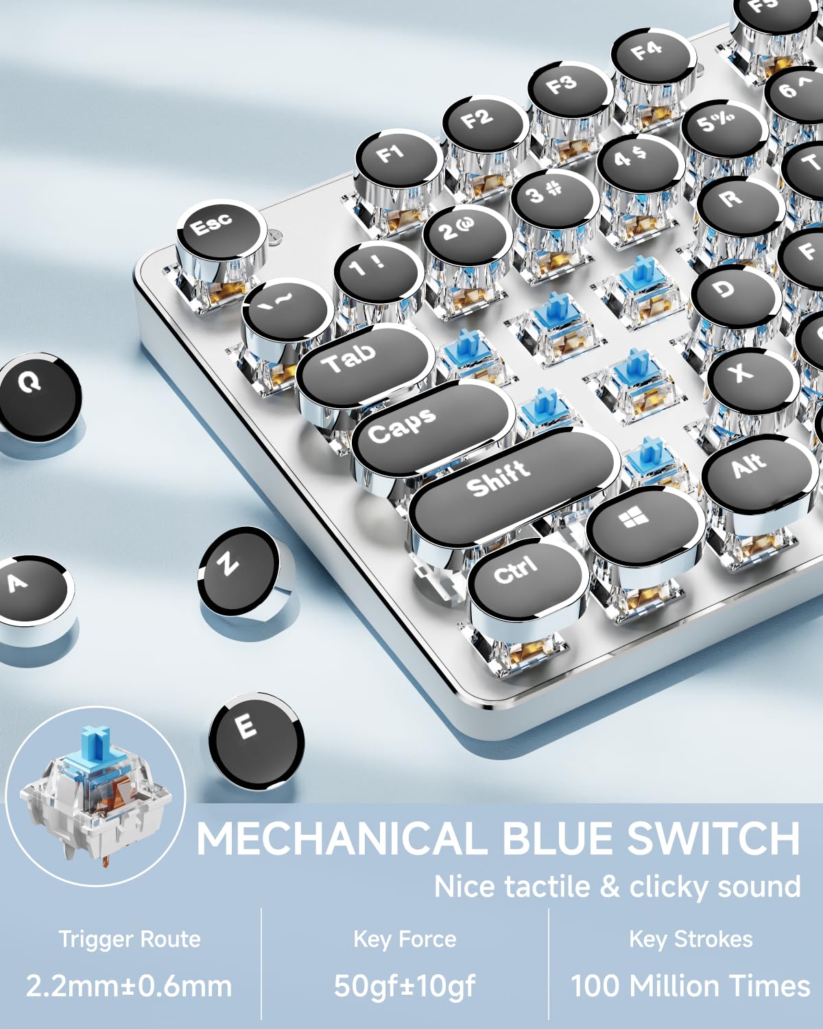 EWEADN TK950 bezprzewodowa mechaniczna klawiatura do pisania, estetyczna klawiatura z 104 klawiszami z białym podświetleniem, antyduchowa, niebieski przełącznik Bluetooth/2,4 GHz/przewodowa klawiatura