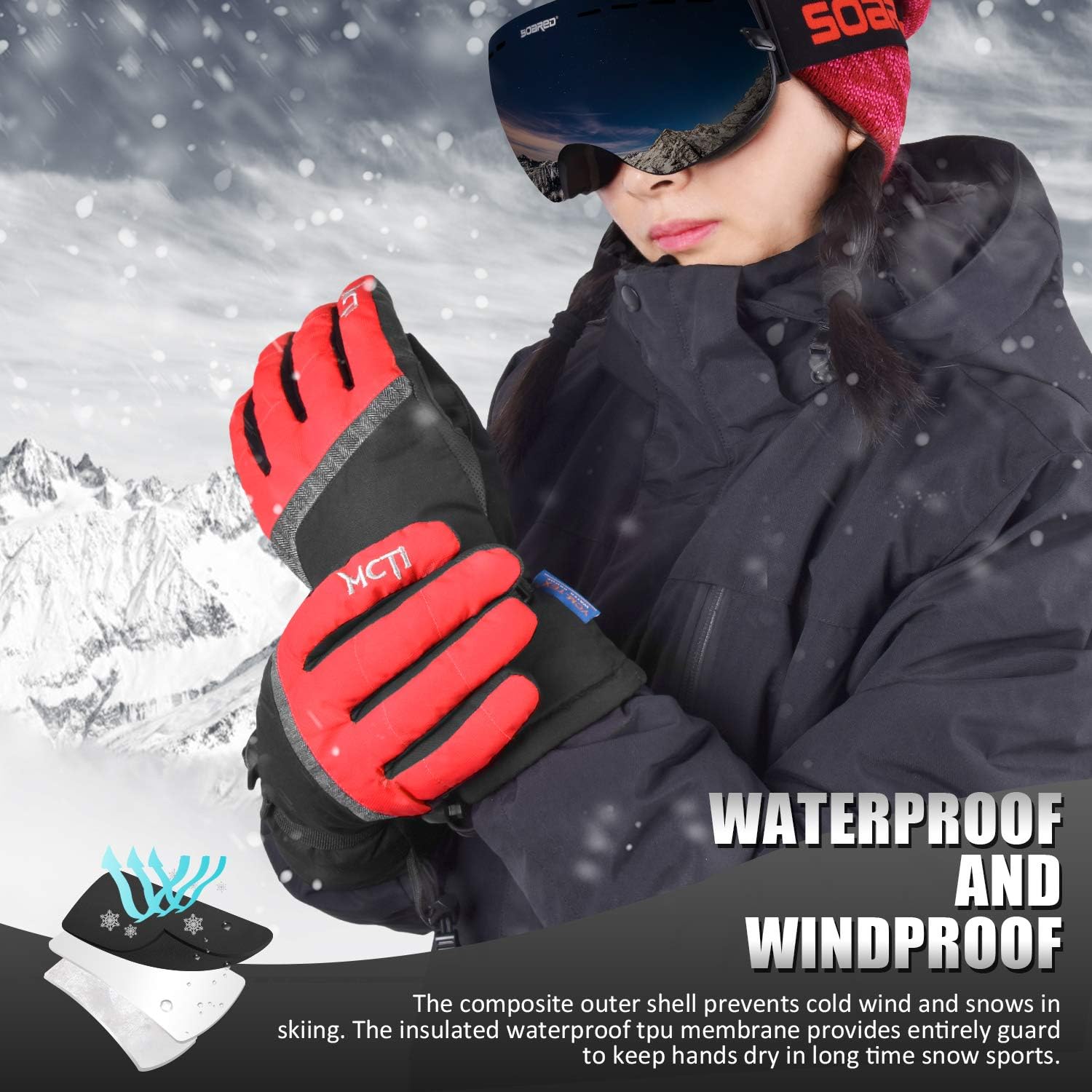 mcti ski gloves,winter waterproof snowboard snow 3m thinsulate warm touchscreen cold weather women gloves wrist leashes red small