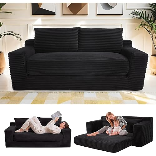 Fefances Loveseat Sofa Bed Boneless Couch, Convertible 2-in-1 Design, Corduroy Fabric - Compact Memory Foam Couch for Small Spaces, Apartments, Home Office & Bedroom (Black)