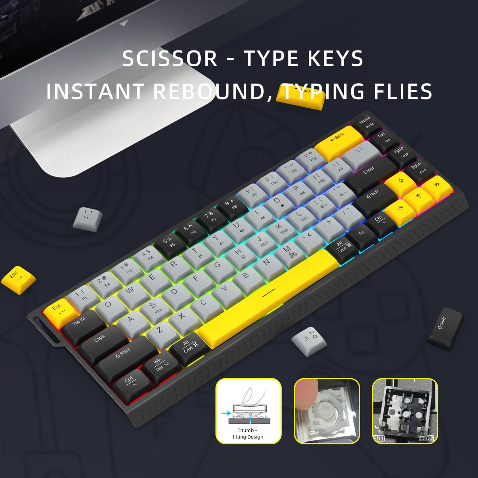 Tastiera USB Cablata, 68 Tasti a Forbice, Anti-ghosting, Tastiera per Computer USB Compatta Silenziosa Retroilluminata RGB per Giochi di Lavoro (Grigio Nero)