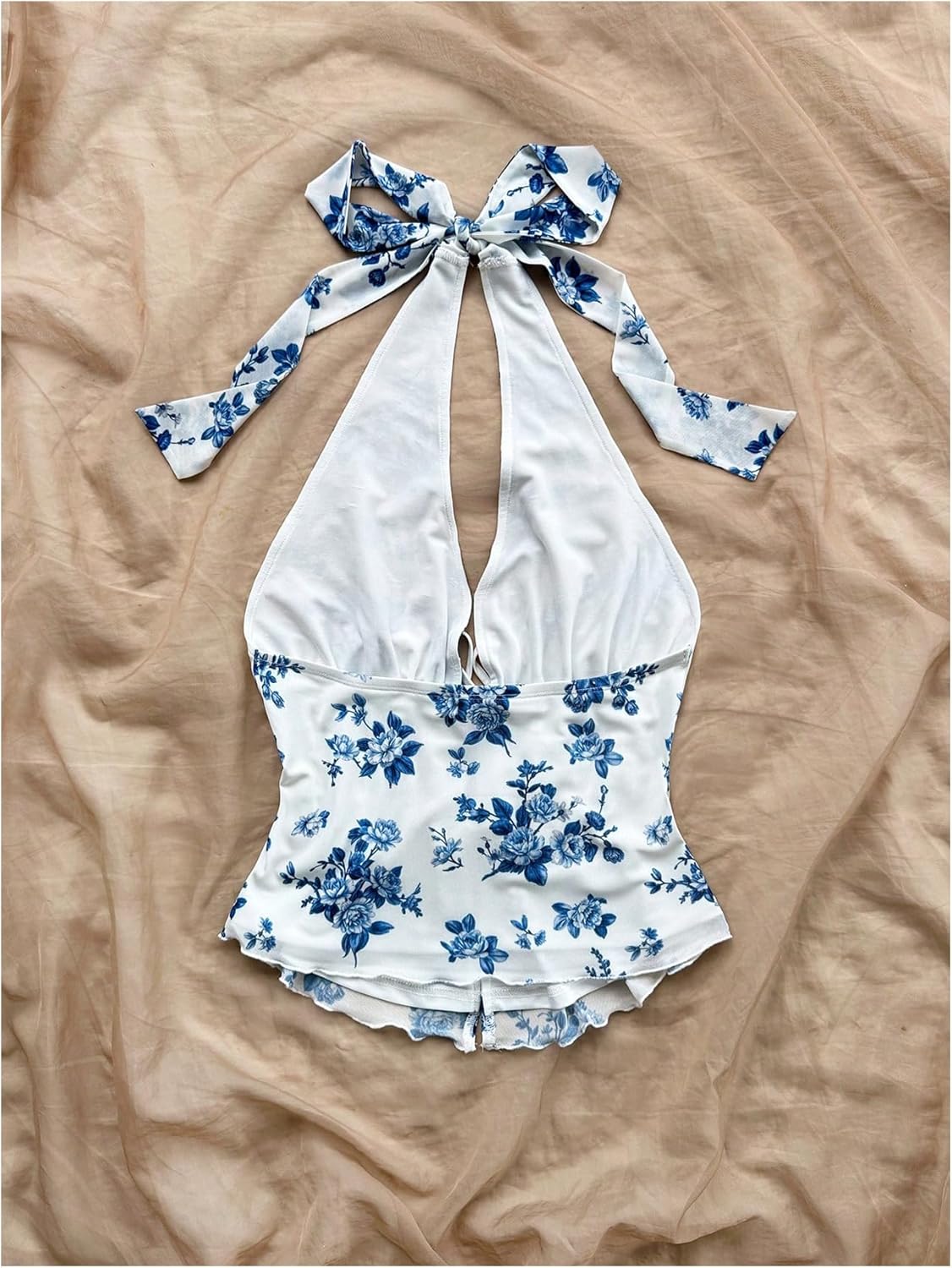 Women's Boho Floral Print Halter Top Y2k Sleeveless Backless Bow Knot Ruffle Tank Tops - Image 2