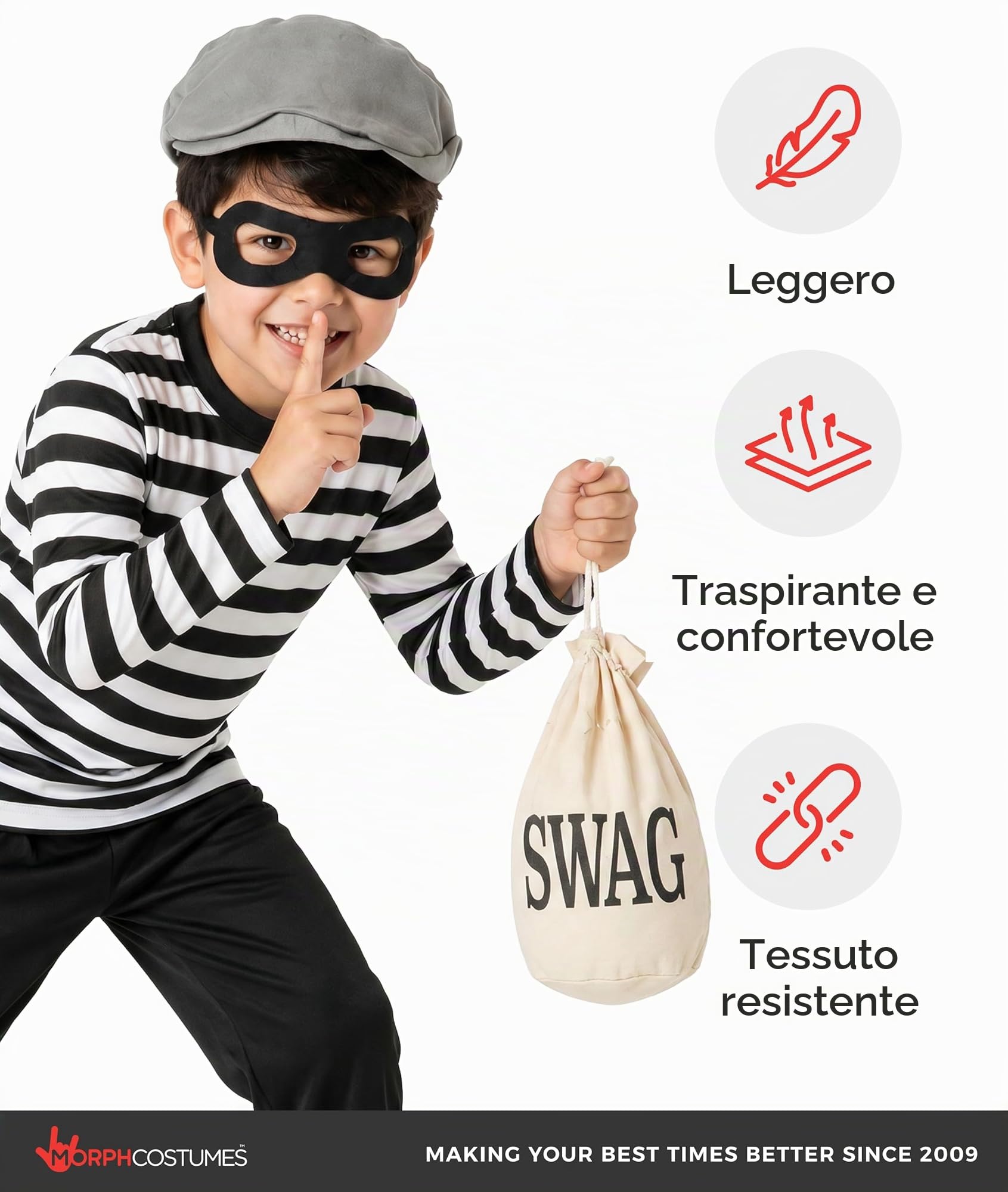 Fun Shack Costume Ladro Bambino, Costume Halloween Bambino | Maglietta a Righe, Pantaloni, Berretto, Mascherina & Sacco del Bottino, Perfetto per Halloween, Ideale per il Gioco di Ruolo