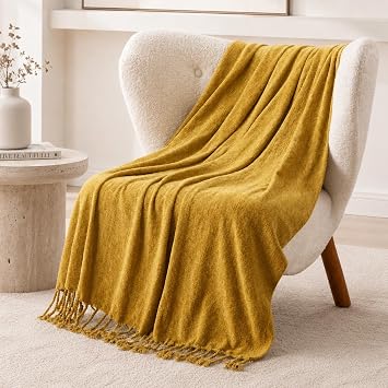 BATTILO HOME Mustard Yellow Chenille Throw Blanket for Couch, Soft Cozy Textured Knit Throw Blanket with Handmade Fringe Tassels, Lightweight Decorative Farmhouse Blanket for Sofa Bed Chair, 50"x60"