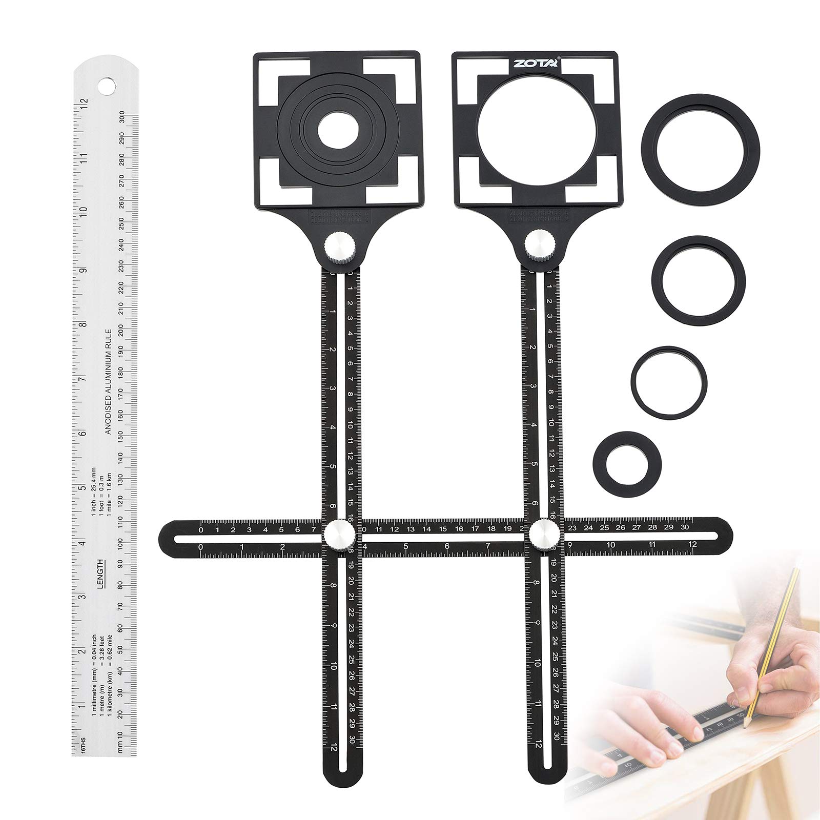 Angle Template Tool, 2PC Positioning Aperture with 5 -Hole Upgraded Aluminum Alloy Tile Tools + 12"/300mm Straight Rule Multi-angle Measuring Ruler