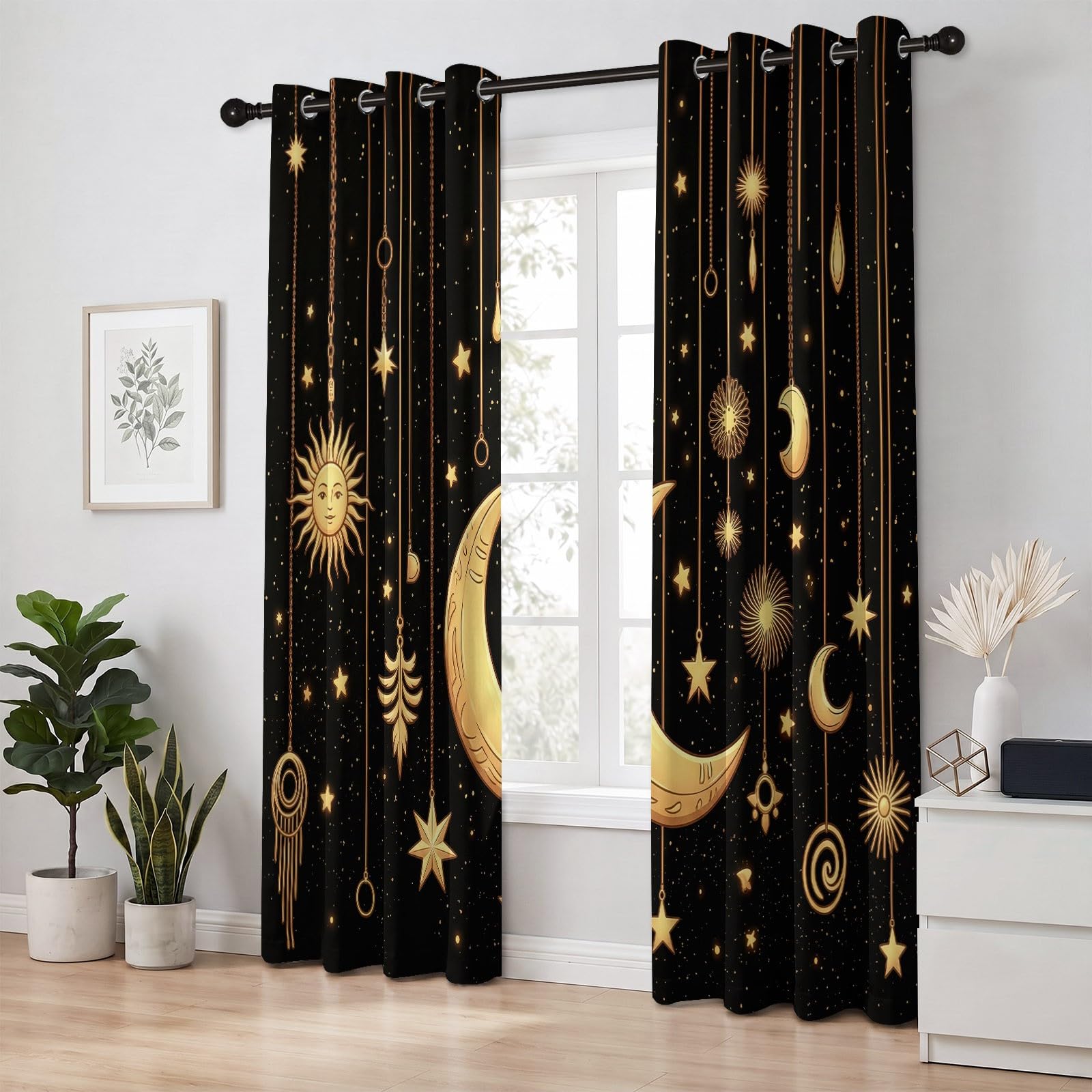 Lot de 2 Rideaux occultants Ciel Étoilé Fantastique décoration d'intérieur, Art Astrologique Univers Poussière D'Étoiles Lune Rideau Thermique avec Œillets pour Fille et garçon - 132L X 240H cm