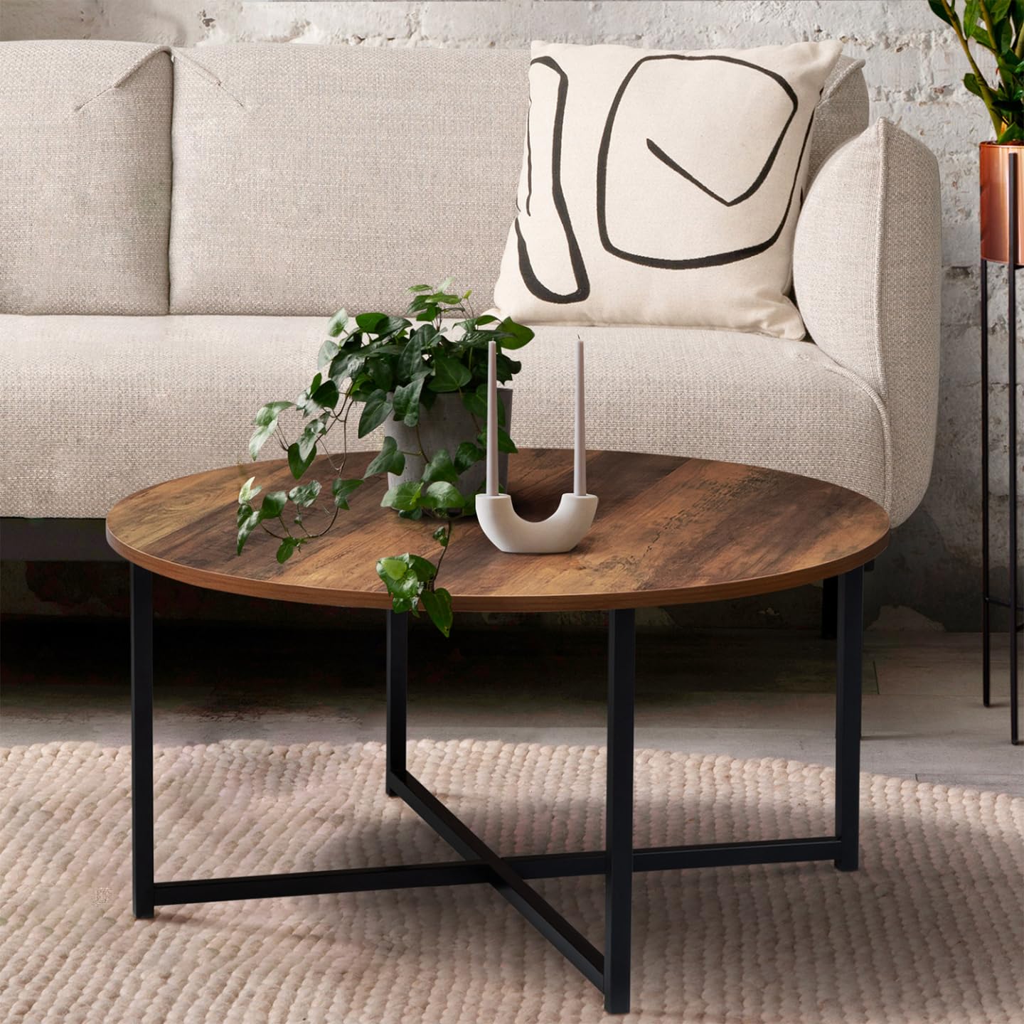 IDMarket - Mesa baja redonda Hawkins 80 cm, madera oscura, diseño industrial