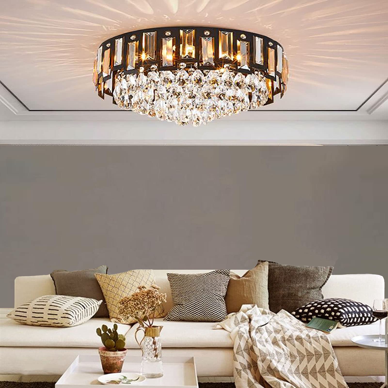 Elegante Lámpara De Techo Para Pasillo Fogón Salón,Moderno Led Cristal Araña De Cristal,E14 Redondo Negro Montaje Empotrado Plafón Con Cristal Gotas-Negro. 60 * 20cm