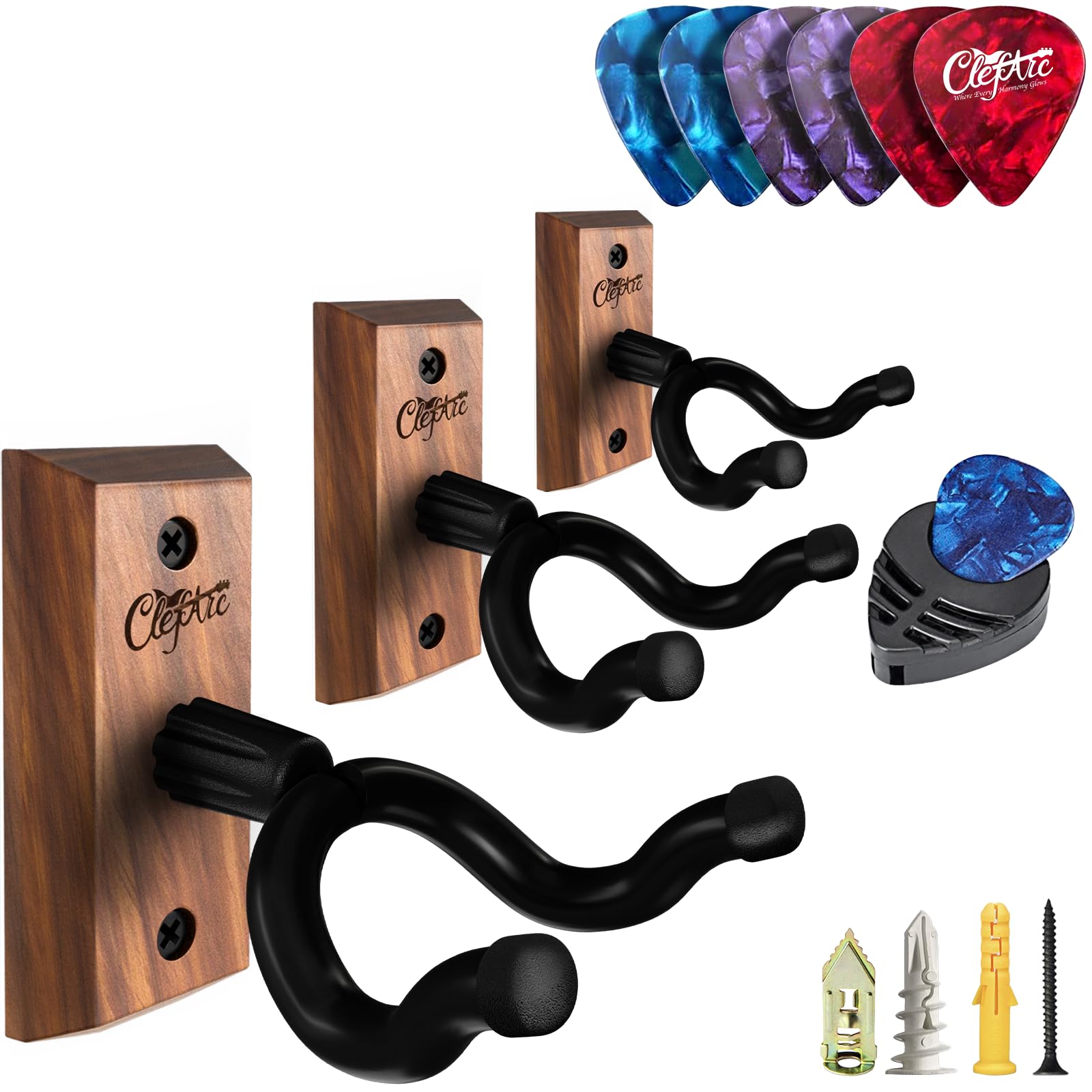 Guitar Wall Hanger 3 Pack U-Shaped Walnut Mount