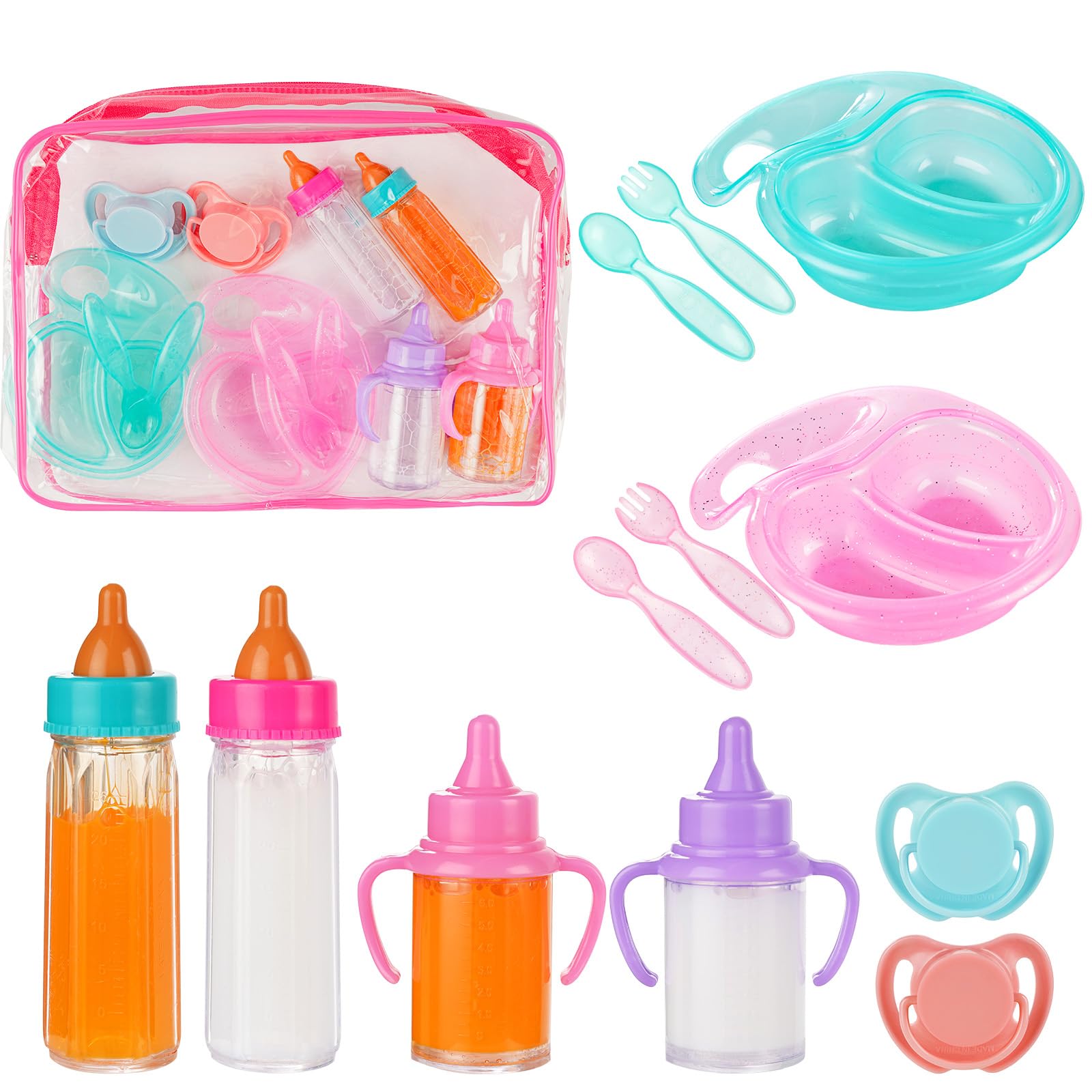 BABESIDE 13 Pc Reborn Baby Doll Feeding Set with Storage Bag, Magic Bottles & Pacifiers for Toddler Pretend Play