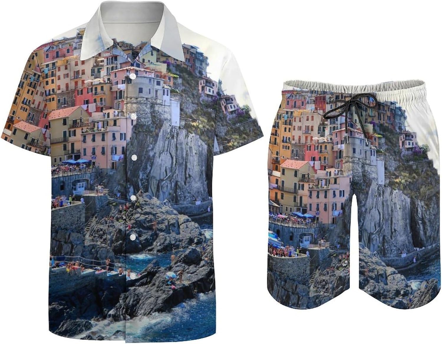 Amalfi Coast Italy Italian Men's Summer Beach 2 Piece Outfits | hawaiian button down shirt and shorts,vacation cruise,mens bathing suit