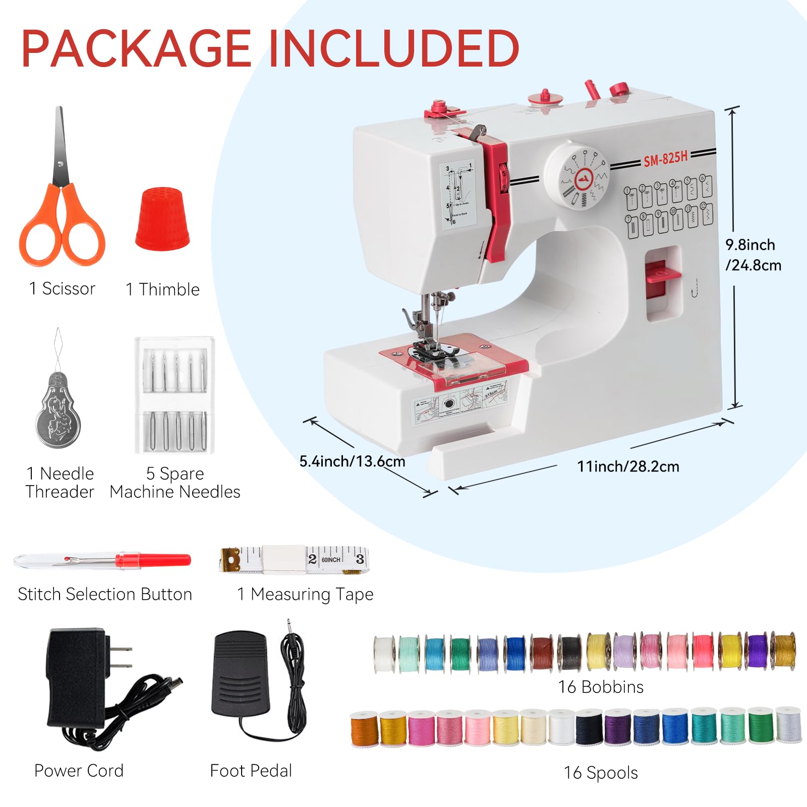 Nähmaschine für Kinder und Anfänger, 12 Stichmuster Overlock Nähmaschine, Portable Mini Sewing Machine mit Nähzubehör-Set, Elektrische Haushalts Nähmaschinen Klein für DIY, Kleidung Rot