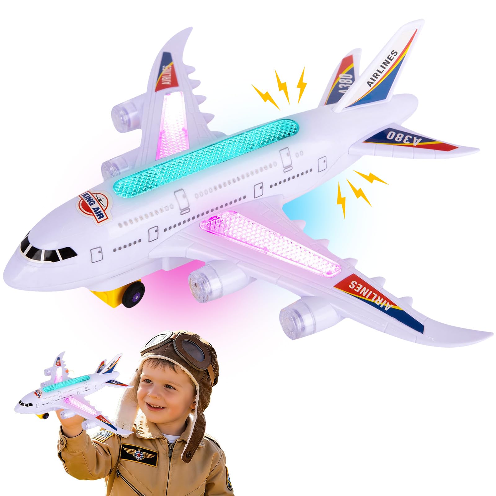 KATELUO Aereo Giocattolo con Luci e Suoni, Aeroplano Giocattolo Bambini, Funzione Bump and Go, Giocattoli Aereo per Ragazzi e Ragazze, Aeroplano di Giocattoli, Regalo di Compleanno per Bambini