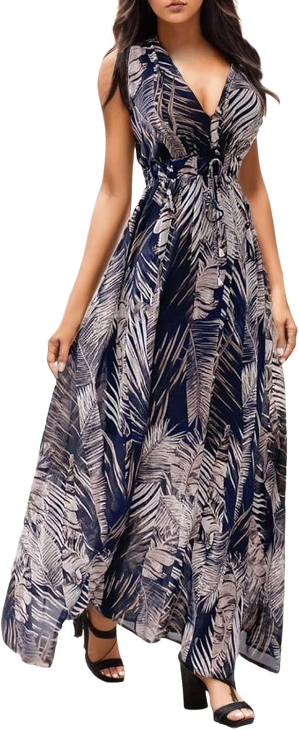 Women's Sleeveless Sundresses Spring Tropical Cocktail Long Max Dress V Neck Leaf Print Summer Going Out Wedding 2024