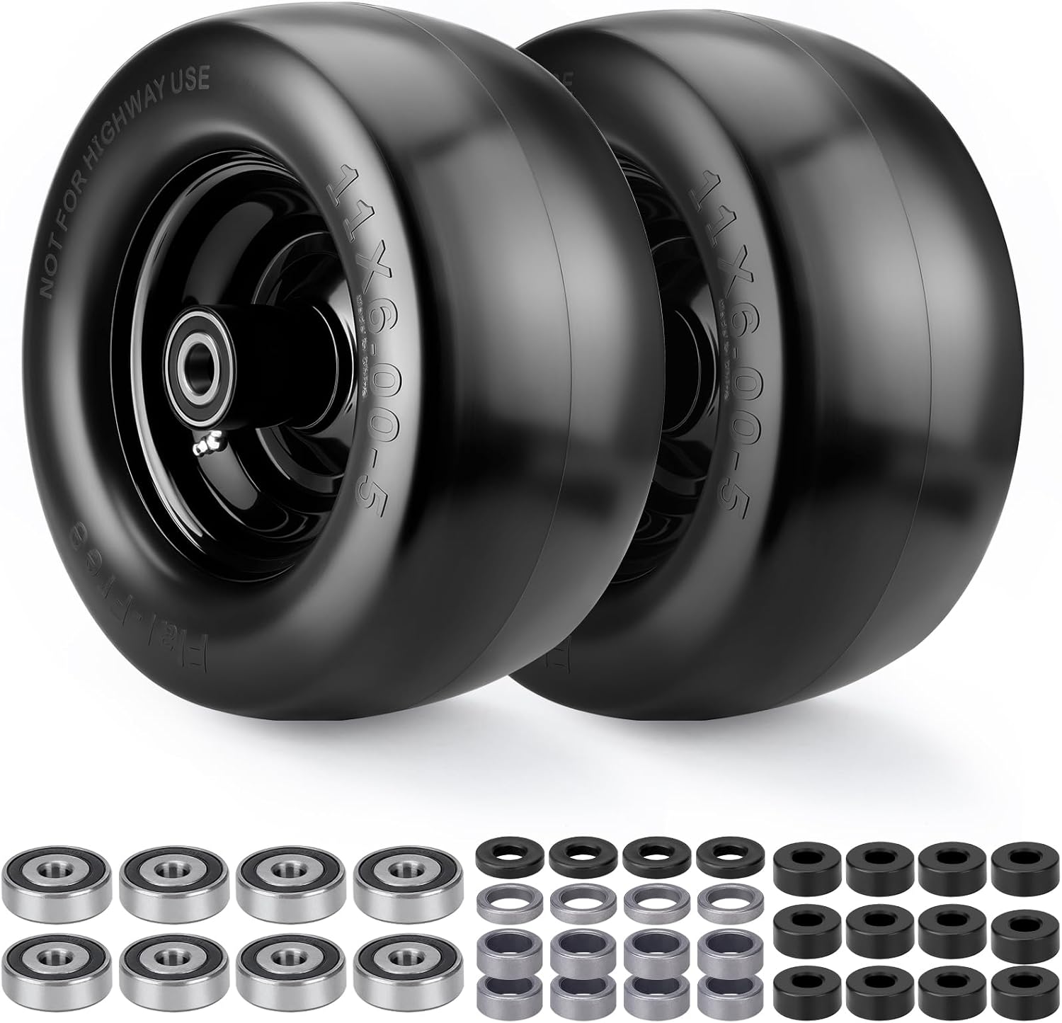 11x6.00-5" Flat Free Lawn Mower Tire and Wheel,Zero-Turn Mower Front Tire,Universal 11x6-5 Solid Smooth Tires with 3/4" or 5/8" & 1/2" Bearings,Centered Hub for Bad Boy/Cub Cadet Lawn Mower, 2 Pcs