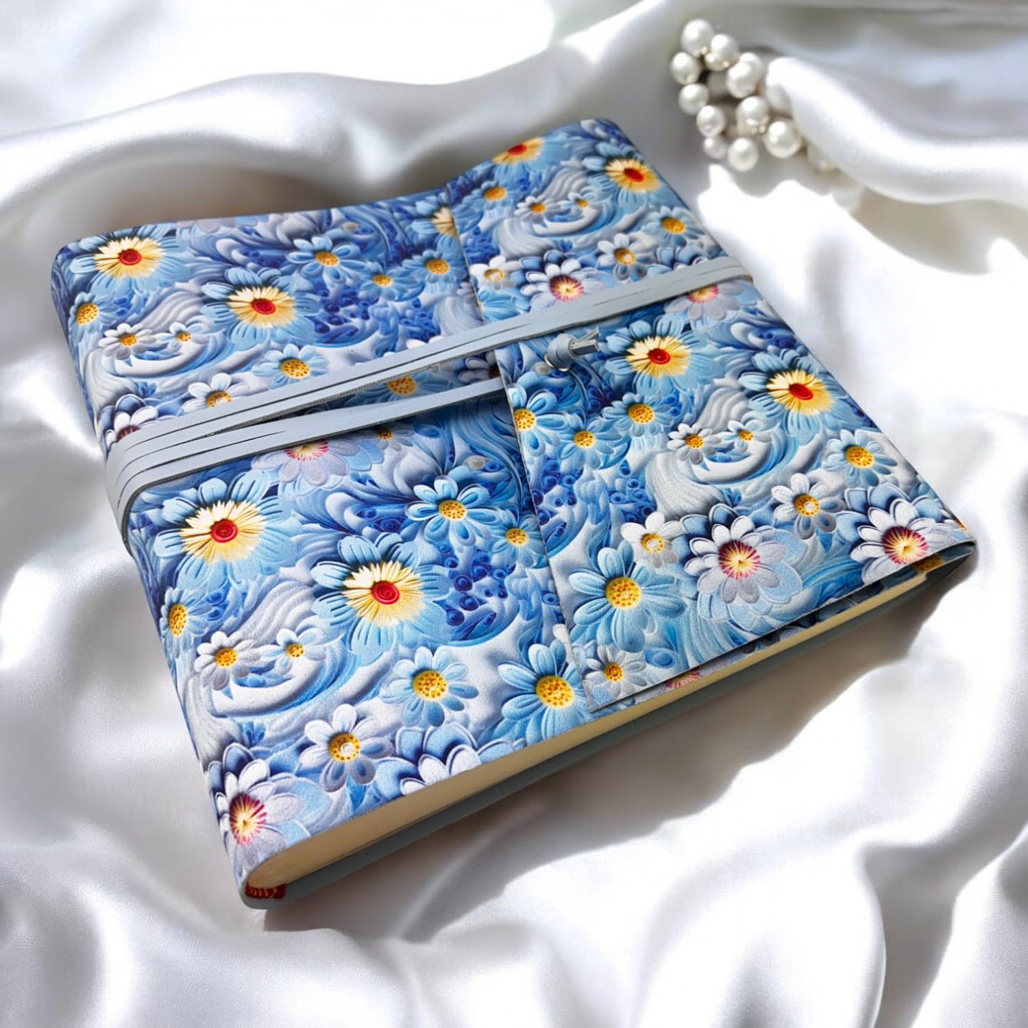 Album fotografico-Double Flower-in tessuto stamp.3D interno in ecopelle LUX personalizzabile,Classico con velina,Matrimonio,Regalo,Wedding,Anniversario (Senza Incisione, Azzurro/Cielo, 23x30)
