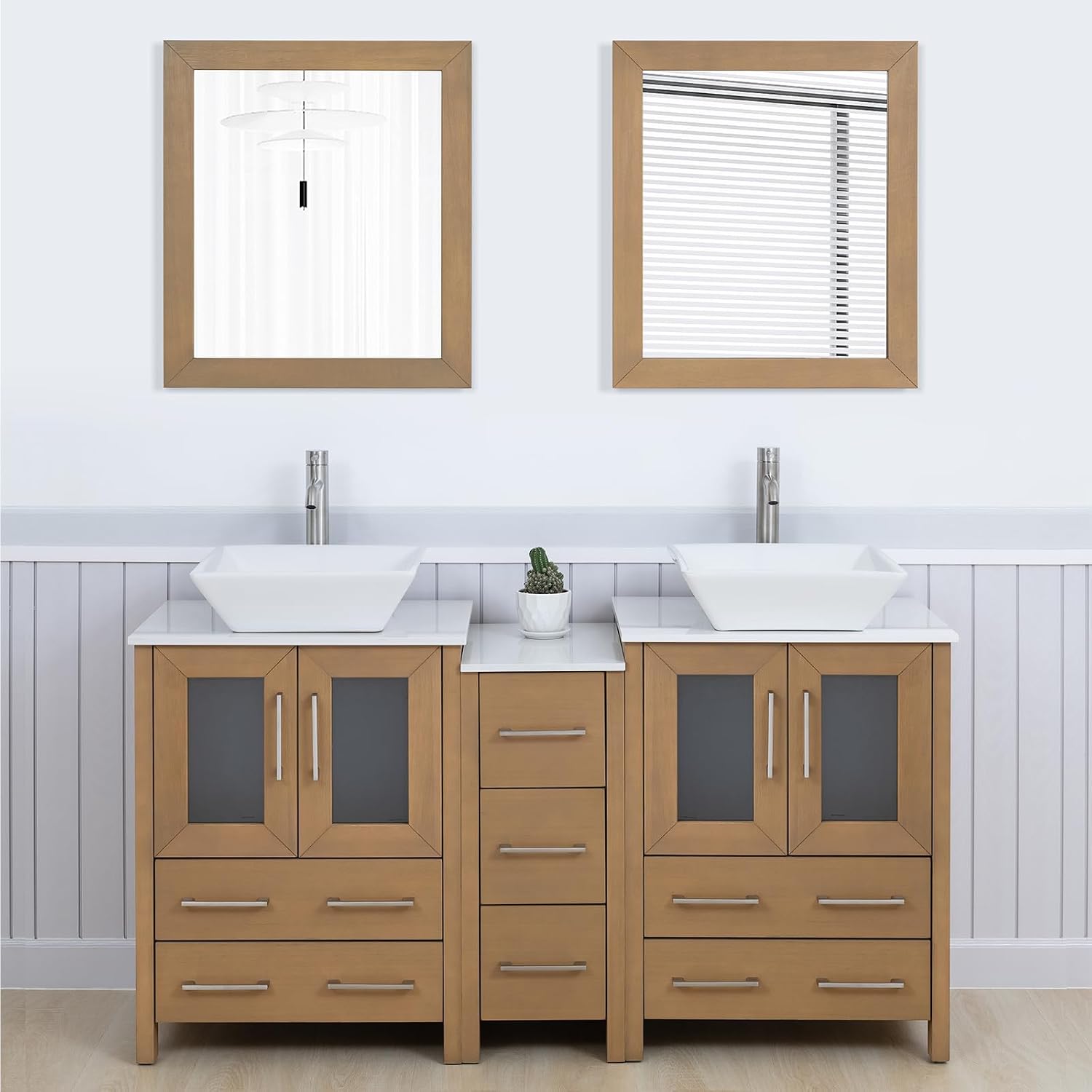 Vanity Art 60 Inch Vessel Double Sink Bathroom Vanity Cabinet with 2 Mirrors, Engineered Marble Top Bathroom Cabinet Compact Set with 7 Dovetail Drawers and Soft Closing Doors, VA3124-60-NO