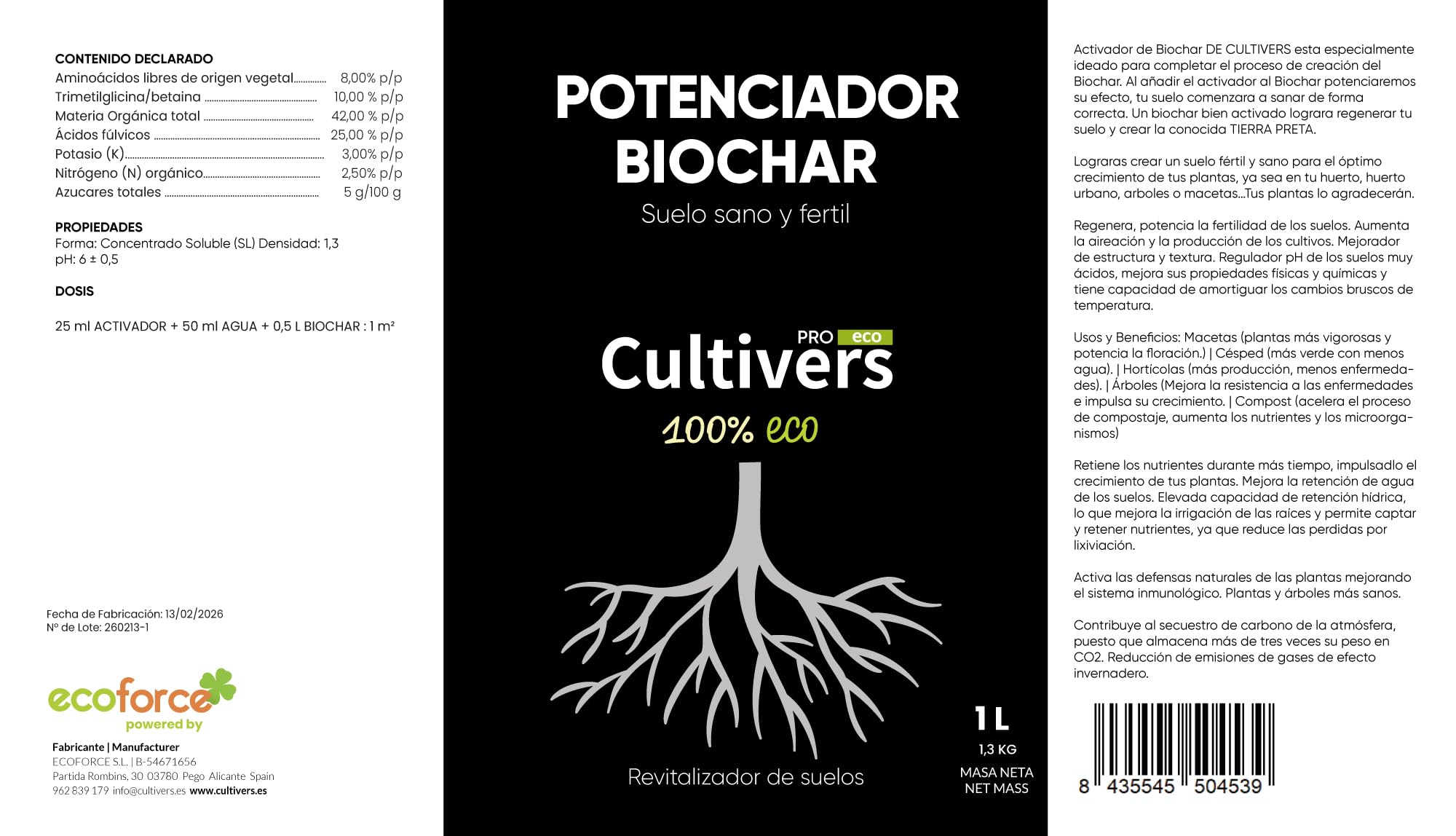 CULTIVERS Potenciador de Biochar 1 L. Potenciador de Carbón vegetal para plantas. Mejorador de estructura del suelo. Regulador pH de los suelos muy ácido. Aumenta producción de los cultivo