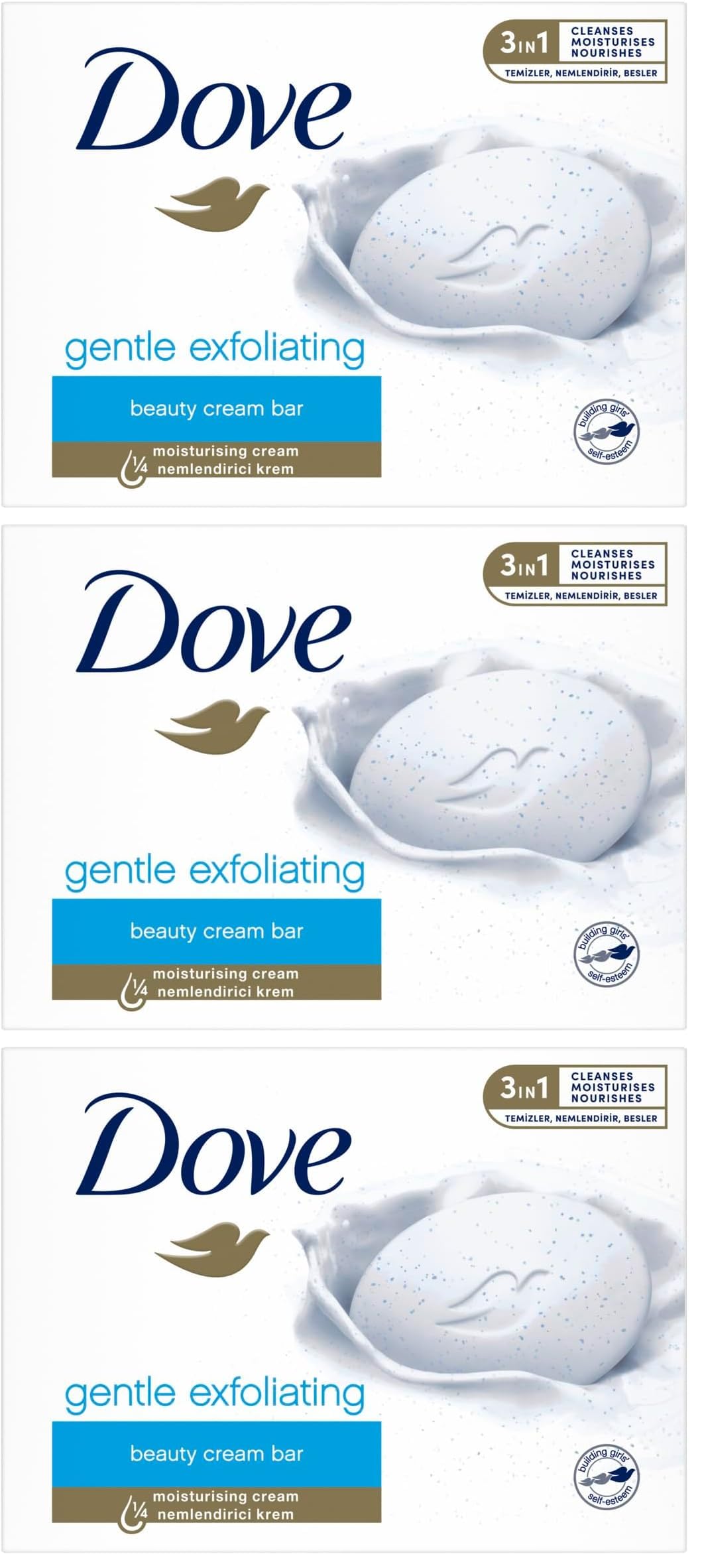 Dove Beauty Cream Bar Katı Güzellik Sabunu Gentle Exfoliating Nemlendirici Etkili, 90 g 3lü paket