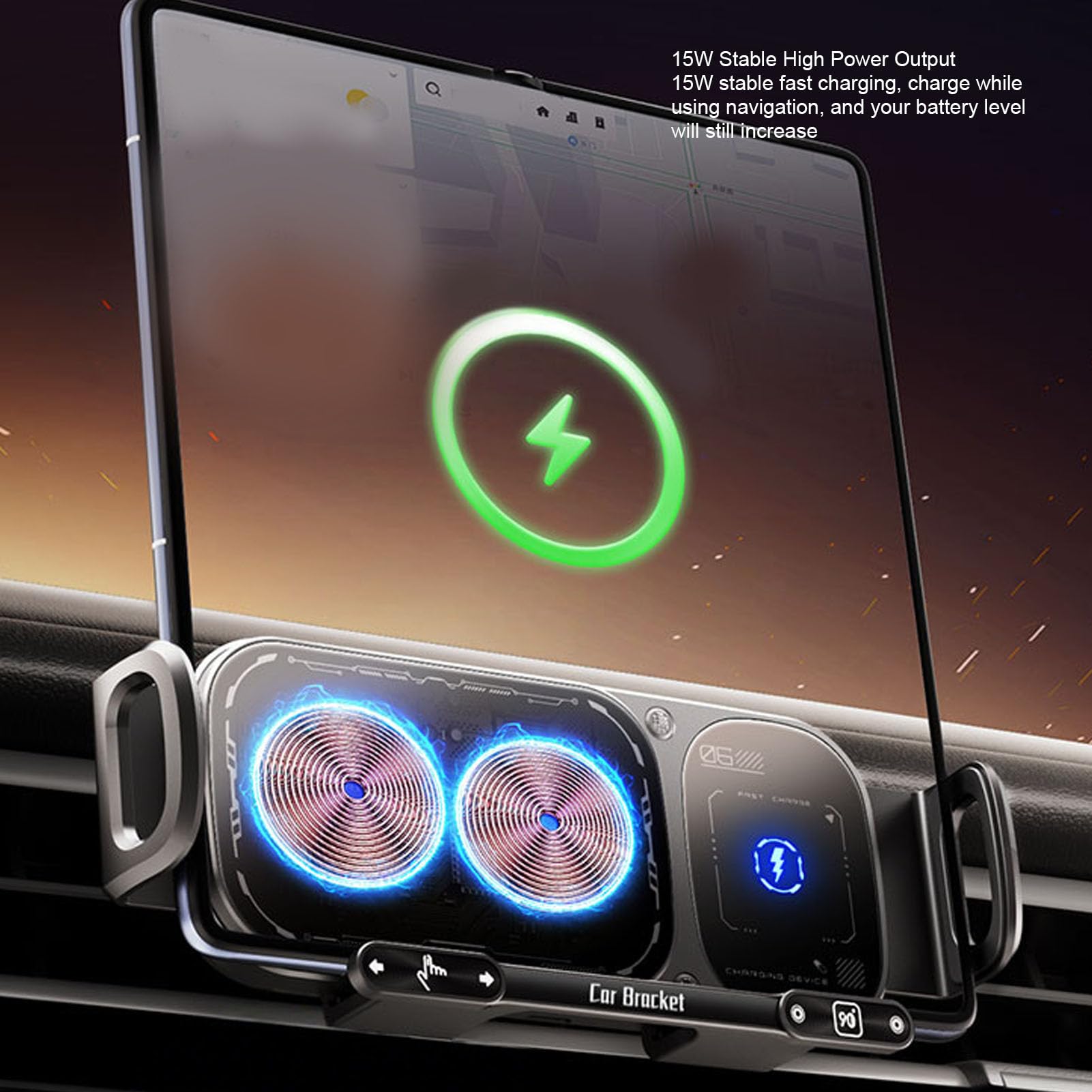 Caricabatterie per Auto Wireless, Supporto per Ricarica Rapida Supporto per Telefono con Bloccaggio Automatico con Sensore Intelligente Rotazione di 90 Gradi per Smartphone con