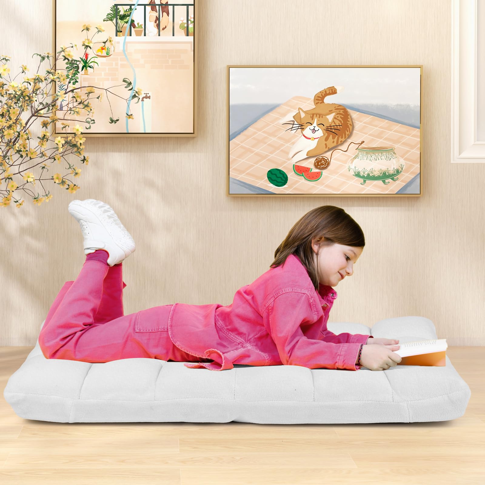 COSTWAY Sedia da Pavimento, Cuscino Imbottito da Terra con Schienale Regolabile a 14 Livelli, Poltrona Pieghevole Relax, Lettura, Yoga, per Soggiorno, Camera da Letto (Bianco, 68 x 57 x 56 cm)