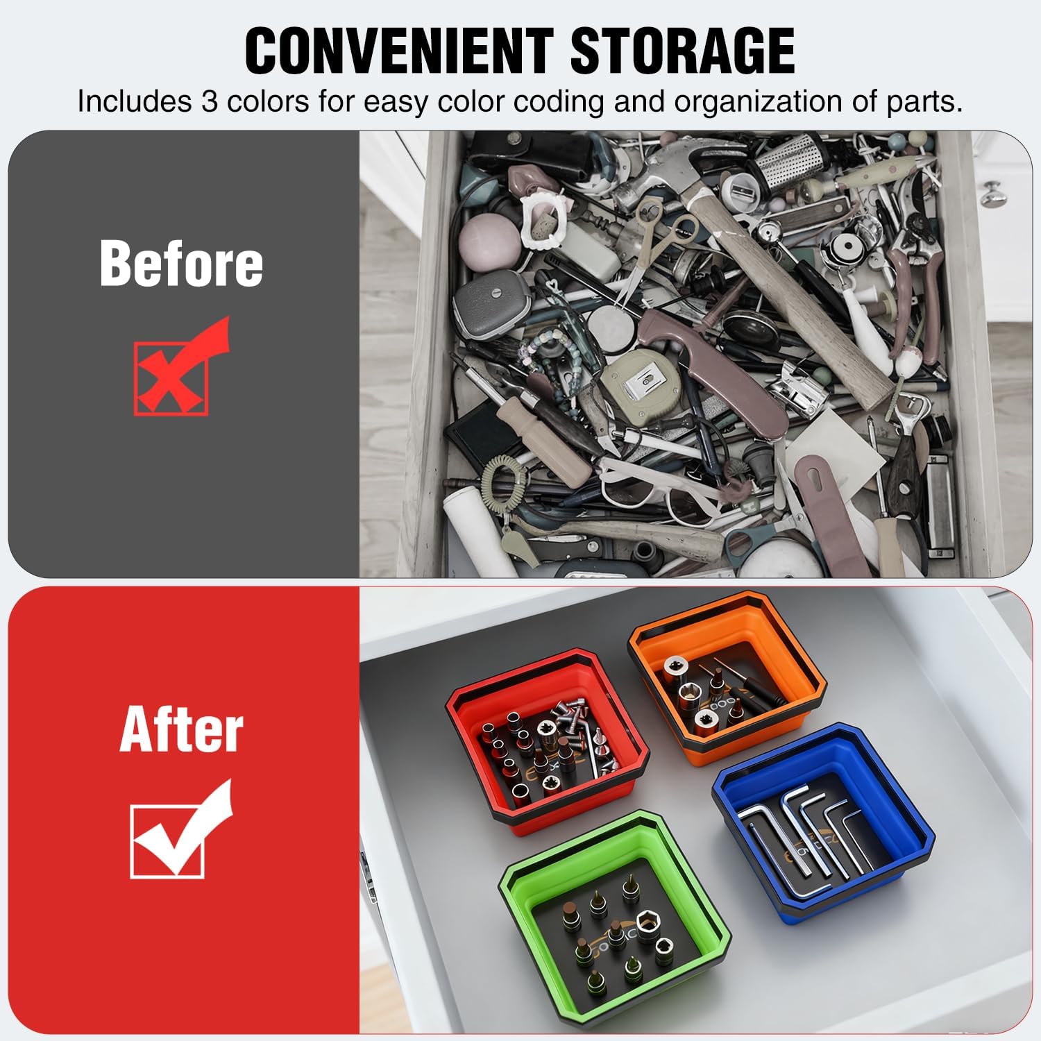 GOOACC 4 Pcs Square Collapsible Magnetic Parts Tray Set Multiple Colors Silicone Foldable Tool Trays Organizer for Screws Bolts Nuts Pins Washers and Other Small Metal Parts Double Sided Magnet Base