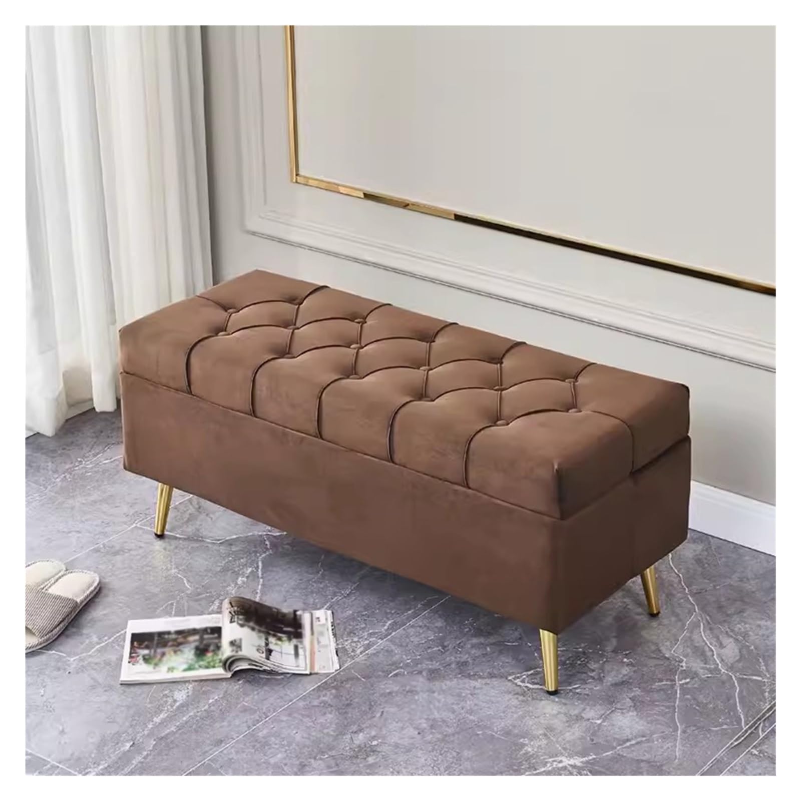 Banc de rangement velours marron moderne, coffre long repose-pieds 60cm