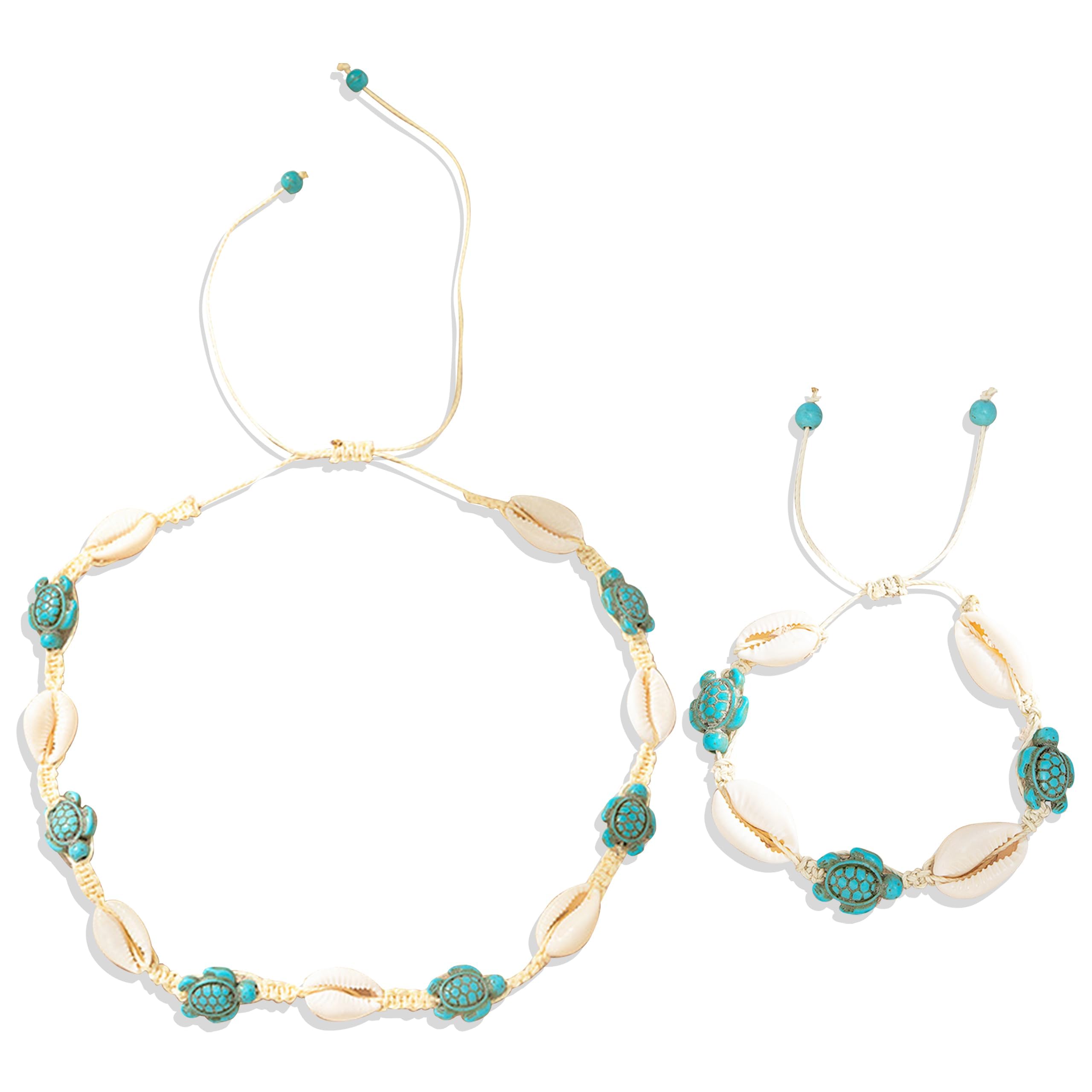 NALACAL Shell Necklace Bracelet Set, Beach Seashell Starfish Choker Necklaces, Jewelry Shell Anklets Summer Stuff Accessories Outfits for Women(2 Pack)