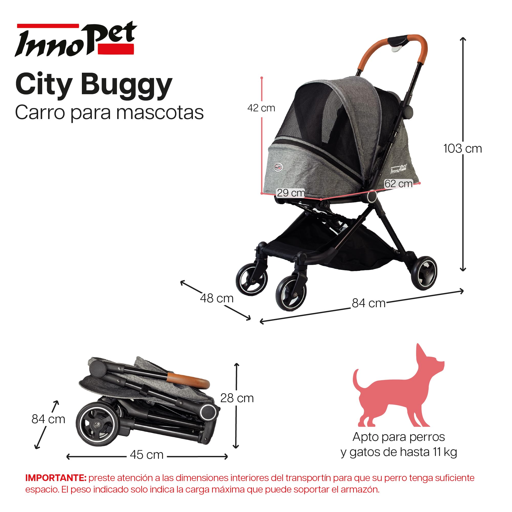 Innopet City carrito gris - Cochecito compacto para perros y gatos hasta 11kg, plegado con una mano, barra de cuero sintético y diseño ligero de 4 ruedas