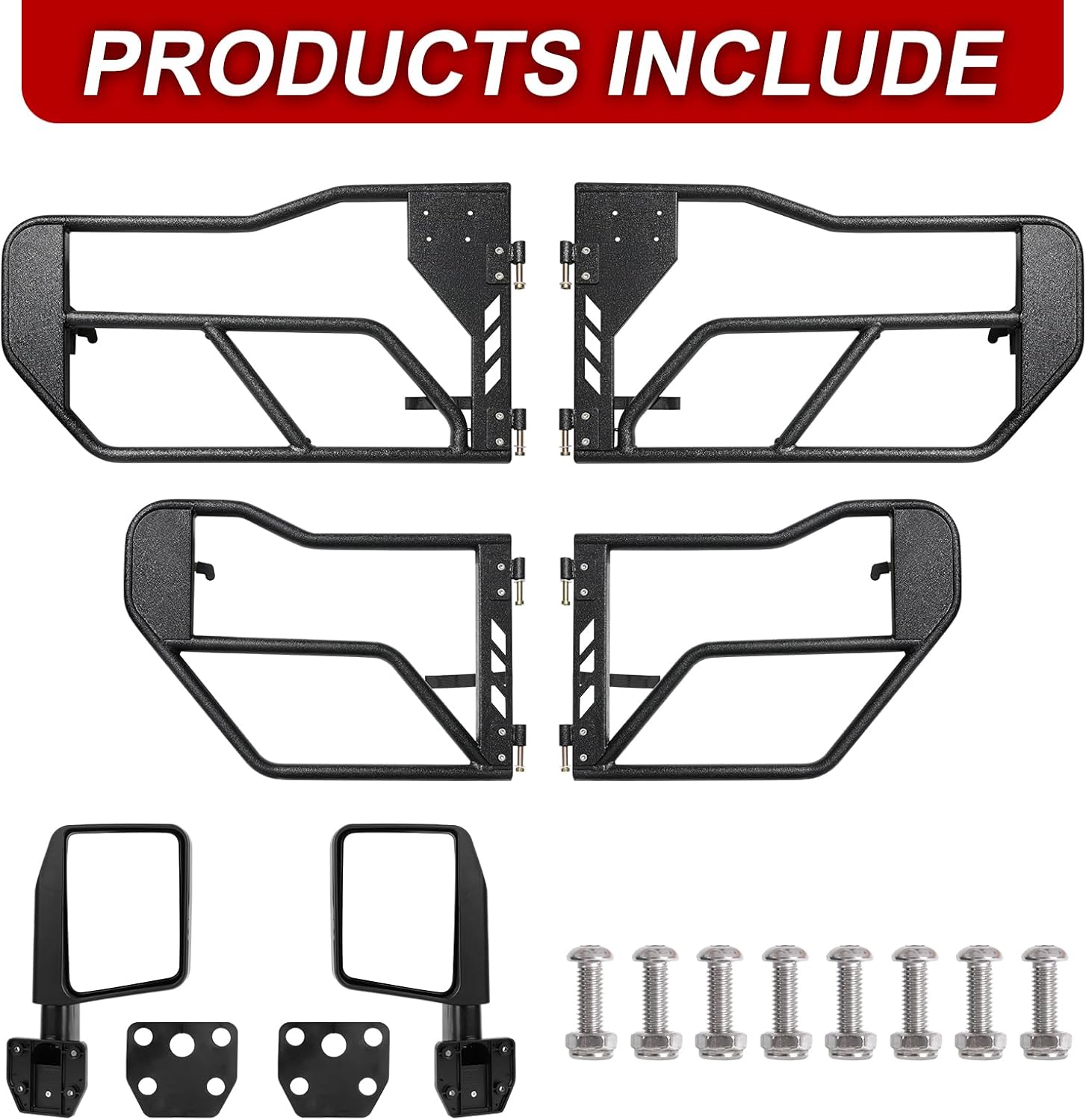 Tubular Half Doors Compatible with 2018–2024 Jeep Wrangler JL JLU 4-Door, Steel Tube Doors with Rear Side View Mirrors, Off-Road Trail Adventure Door Accessories