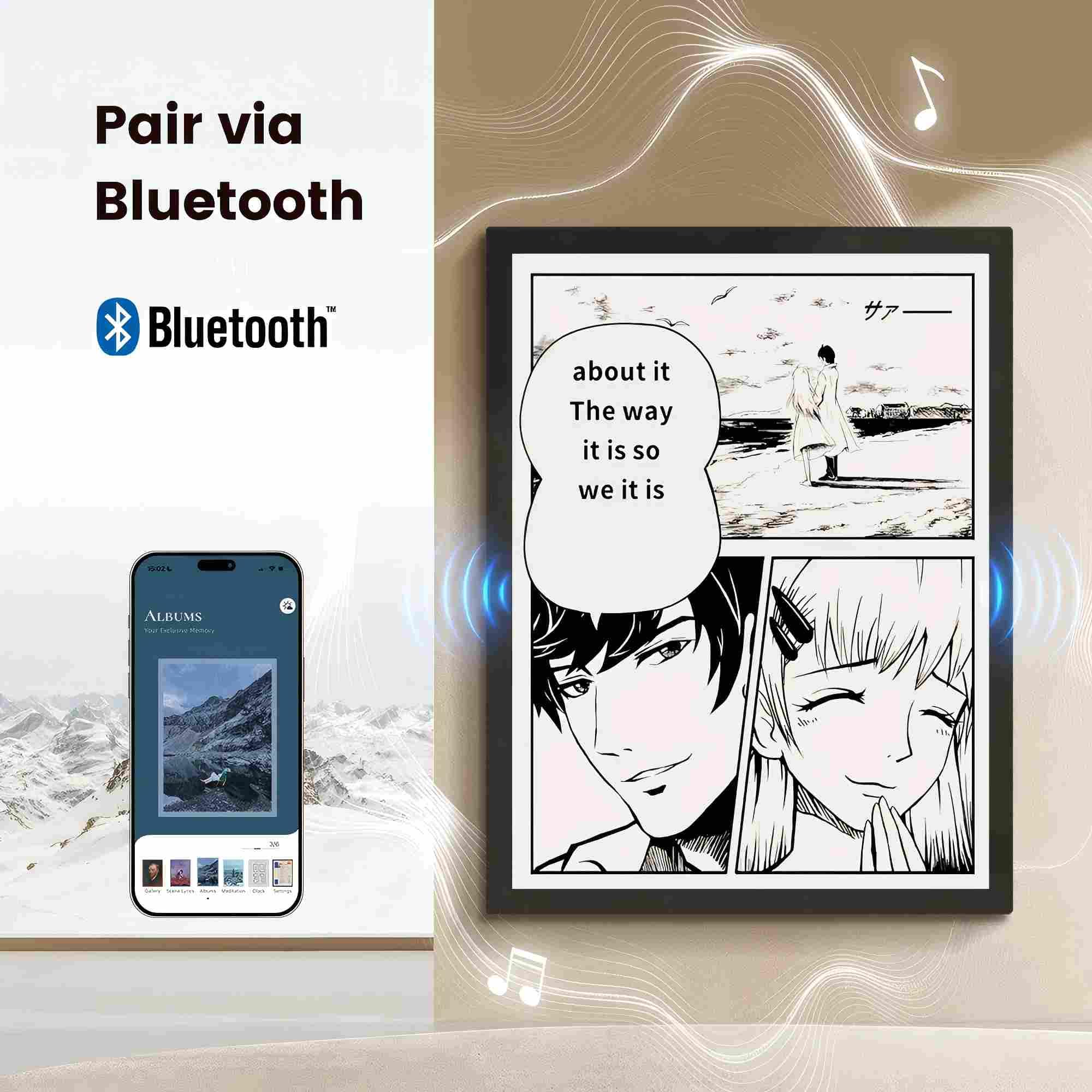 Gallery T2 - Altavoz Bluetooth con marco de música, estéreo de alta fidelidad 2.1, pantalla Wi-Fi 2K similar al papel con letras dinámicas, diseño de pared o mesa, compatible con Spotify