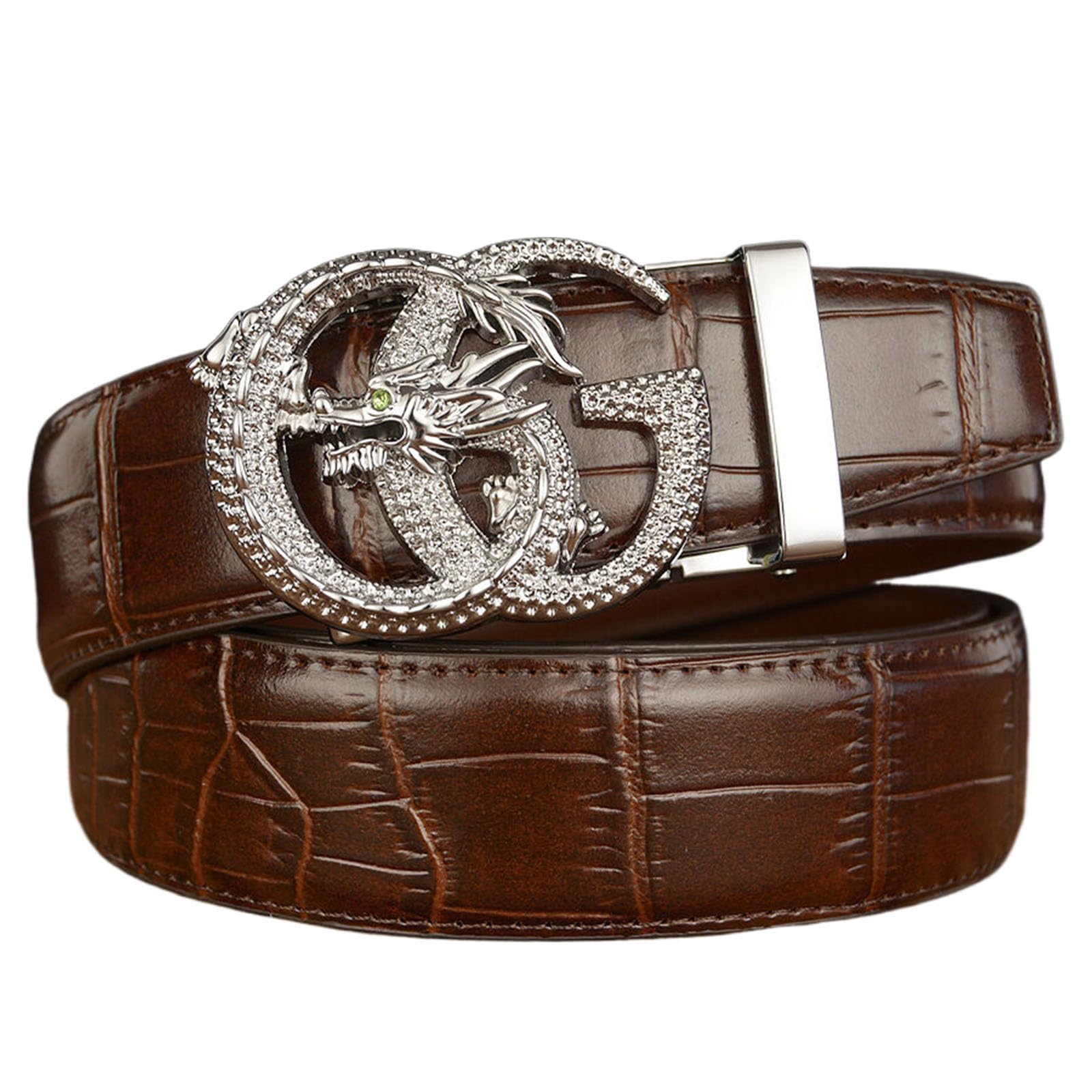 Wrjahcg Unisex Brown B Belt Men Ratchet, Leather Cowboy Western Belts For Men With Dragon Alloy Buckle Crocodile Embossed Belt,,130Cm/51.2''