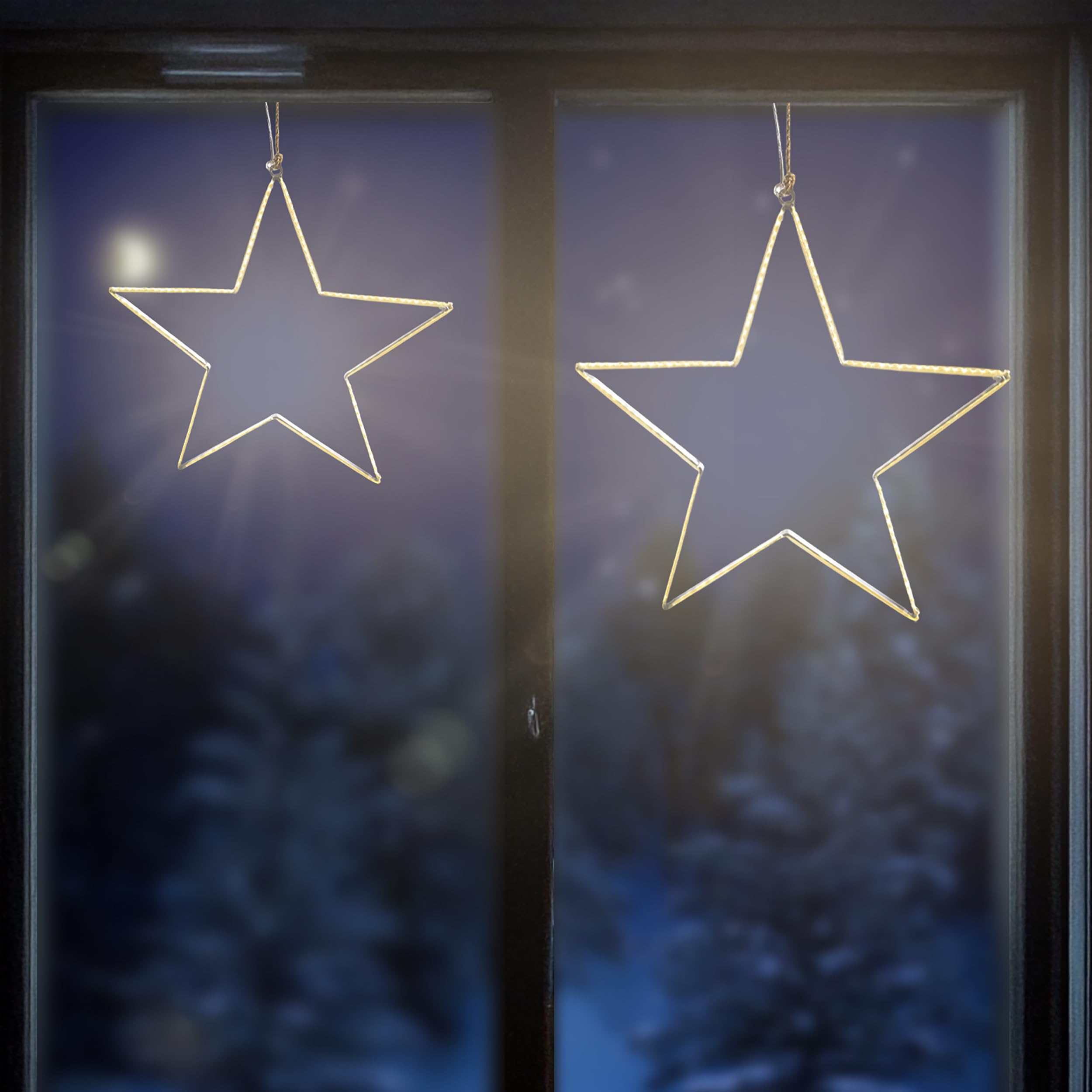 Esotec Solar Leuchtsterne Set Weihnachtsdeko außen Garten LED Sterne 103426 | 2 Solar Leuchtsterne Ø30/40cm, 134/180 LEDs 2800K, ca.10Std, Li-Ion Akku wechselbar, je 1,2Wp Solarmodul, 5m Zuleitung, IP44