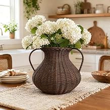 Handwoven Rattan Vase Wicker Vase Country Style, Double Handle Farmhouse Woven Wicker Flower Pot Boho Flower Basket for Dining Table Centerpieces, Wedding, Anniversary, Christmas