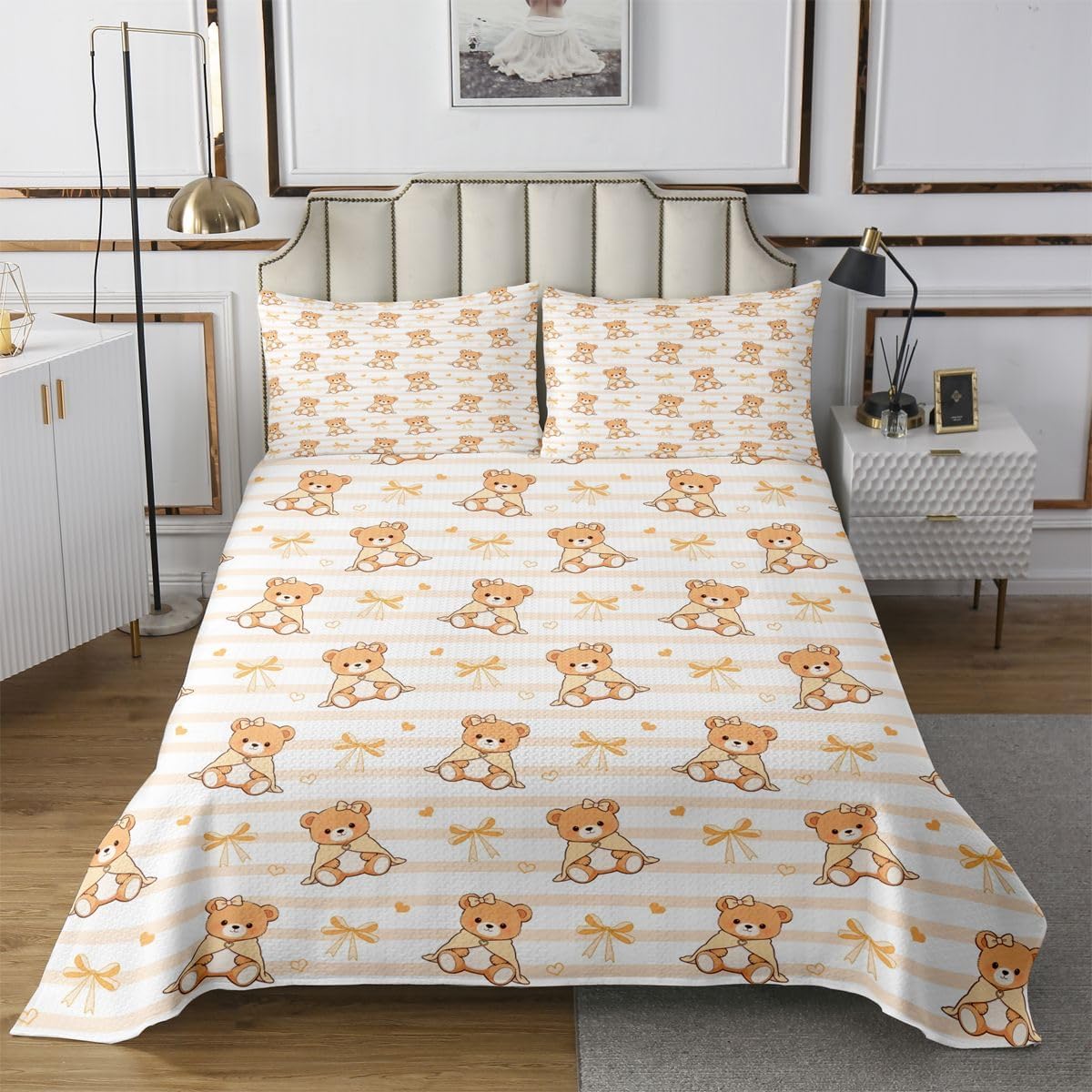 Castle Fairy Kawaii Bears Quilt Sets Queen Size,Orange Bow Knot Bedspread 3Pcs for Kids Teens Youth Room Decor,Sweety Heart Bedding Sets Orange White Striped Coverlet,2 Pillowcases
