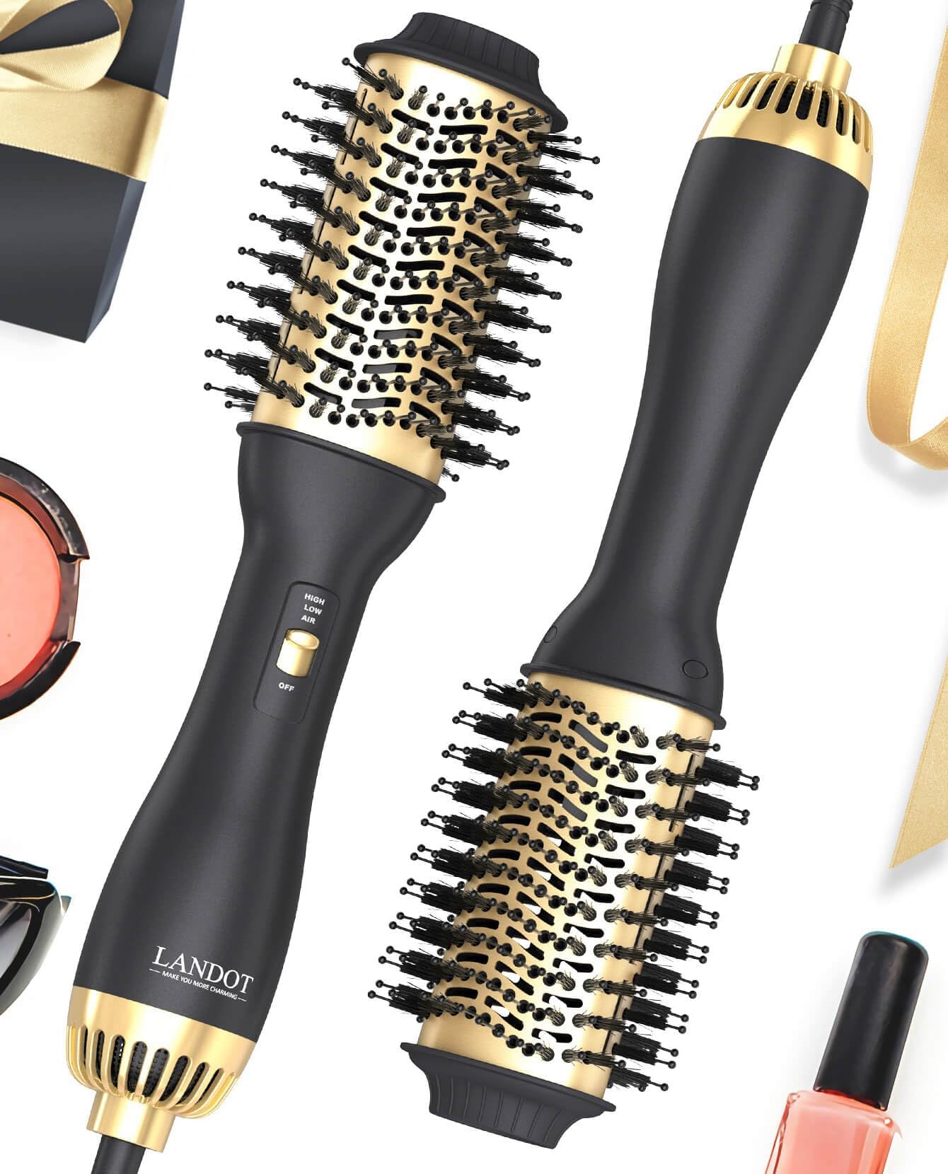 LANDOT Hair Blow Dryer Brush - One-Step Hot Air Brush for Fast Drying Smoothing Volumizing, 60mm Oval Barrel for Salon Blowouts, Ionic Technology for Frizz Control, 3 Heat/2 Speed fit All Hair Types