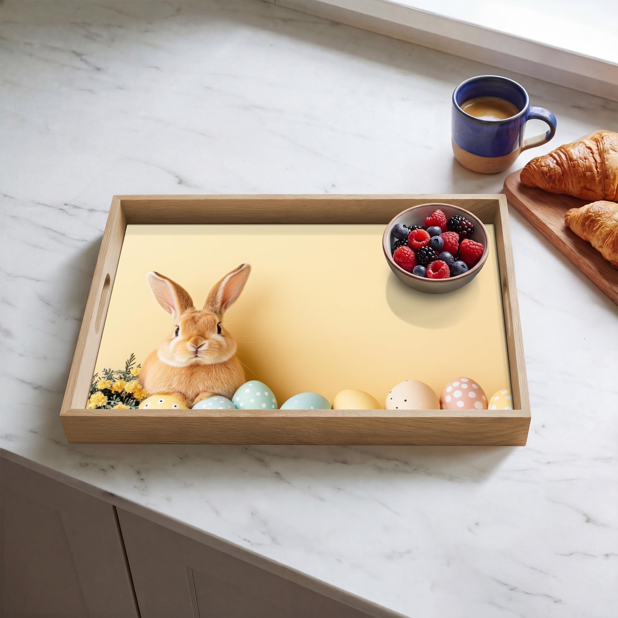 Bandeja Madera De Roble Rectangular 50x35 cm Bandejas Desayuno para Servir Comida Cocina Resistente Al Calor Cafe Tray Tabuleiro Huevos - Conejo - Tonos Pastel
