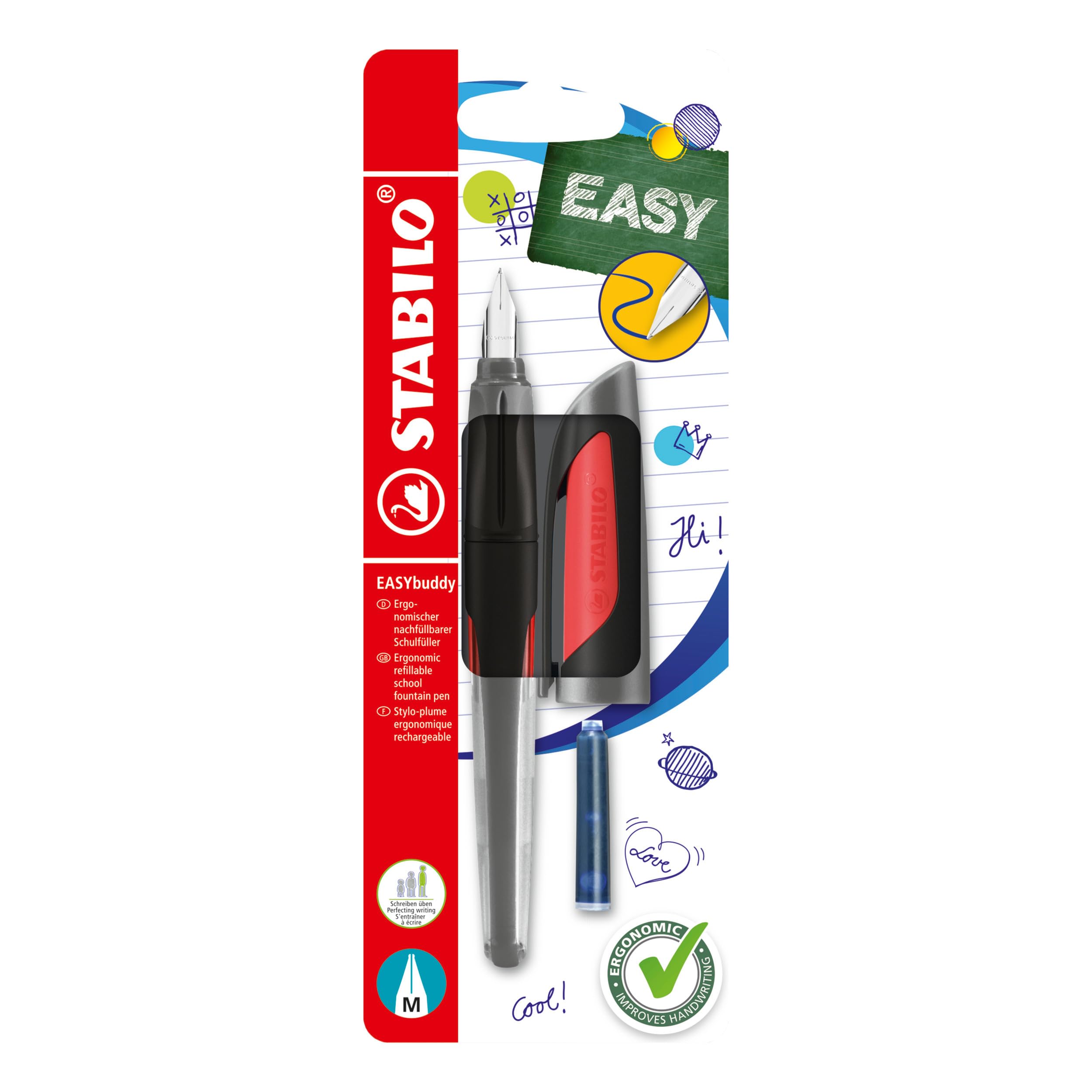 STABILO EASYbuddy - Ergonomic School Fountain Pen - M-Nib - Right-Handed - Pack of 1 - Black/Red