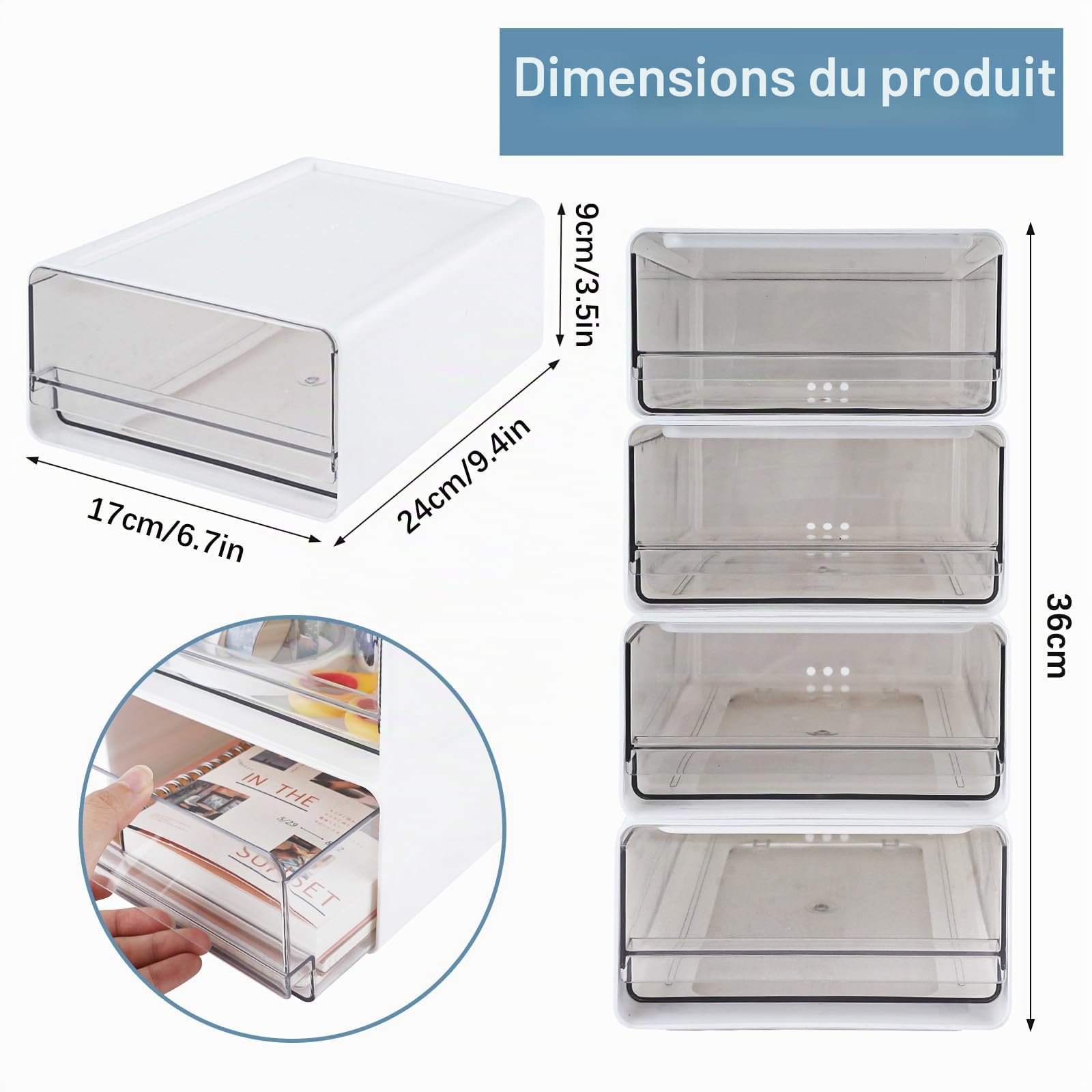 Lot de 4 organiseurs de bureau empilables avec 4 tiroirs, boîtes à tiroirs blanches transparentes avec étiquettes, organiseur de bureau en plastique pour maquillage, maison, coiffeuse (4 pièces, blanc