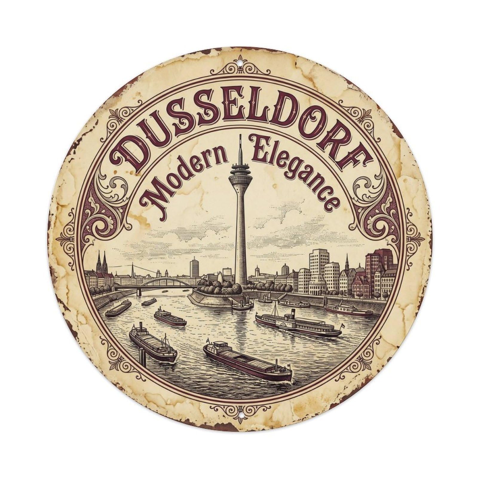 Cmhok Vintage Style Vintage Travel Dusseldorf Tower Rhine Metal Tin Sign Plaque Wall Decor For Cafe, Club, Garden Round Metal Poster 8X8inch