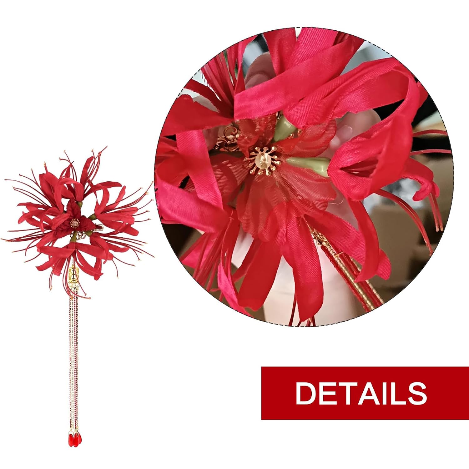 Red Spider Lily Flower Hair Clips,Handmade Lycoris Radiata Flower Hairpin image 3