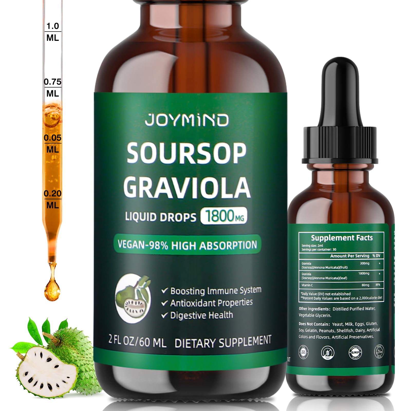 Graviola Soursop Leaf Extract Liquid - Soursop Bitters Liquid, Immune Boost, Relax, Liver and Sleep, Vegan, Sugar & Gluten Free, 98% Absorption Rate, Natural Flavor, 2 Month Supply 60ML