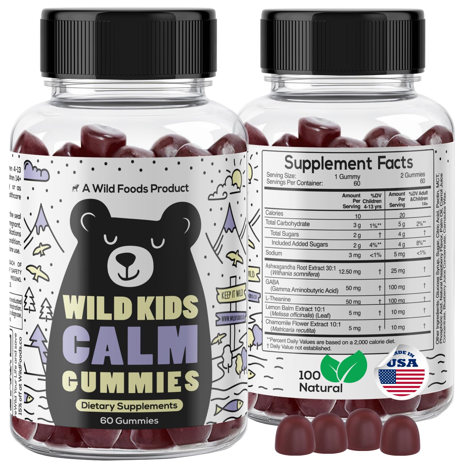 Wild Foods Kids Calm Gummies - Ashwagandha Gummies for Kids w/GABA, L-Theanine, Lemon Balm & Charmomile - Support Natural Relaxation, Stress Relief &