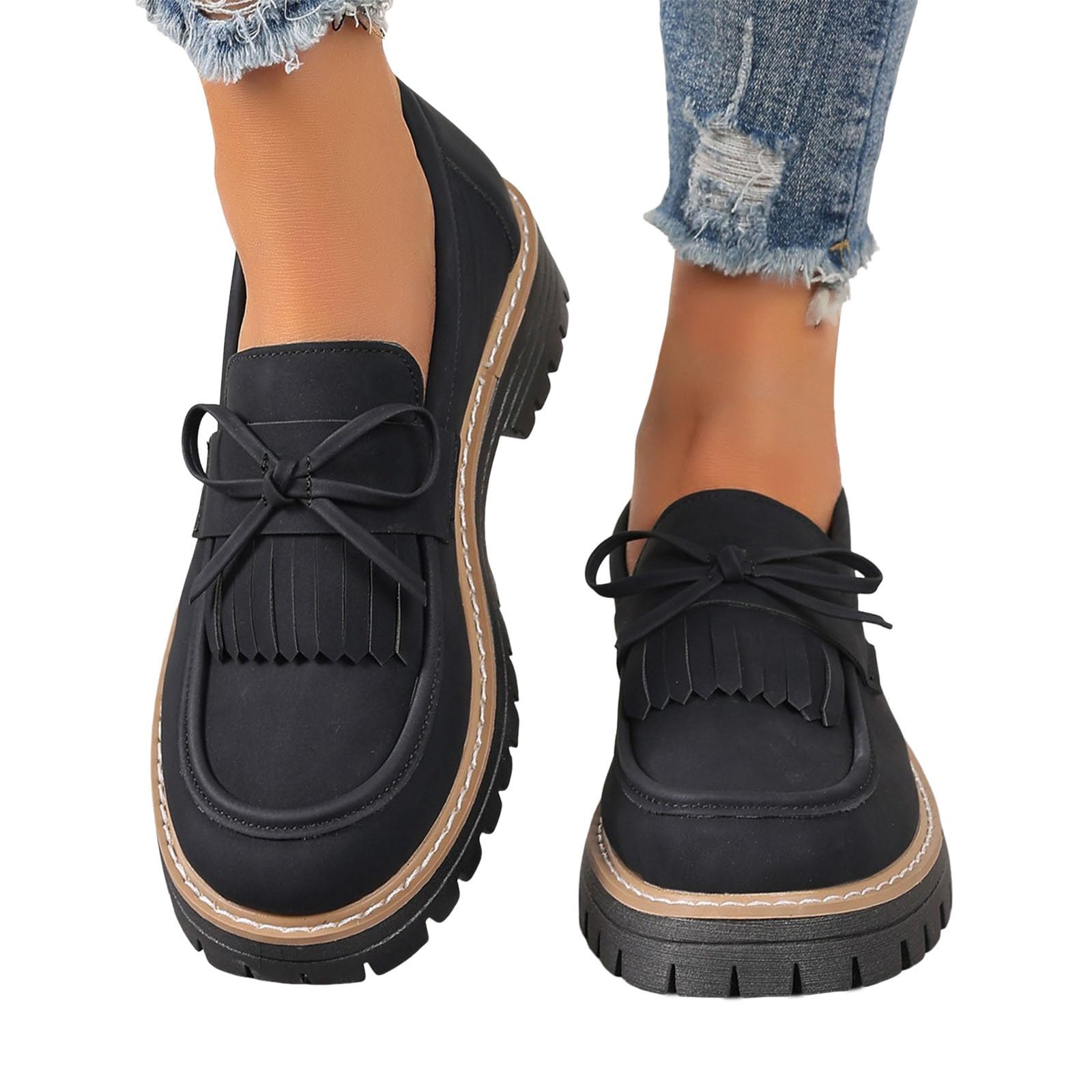 Zapatos de verano casuales con detalle de borla y lazo, tacón bajo, sin cordones, calzado cómodo para caminar para salidas diarias
