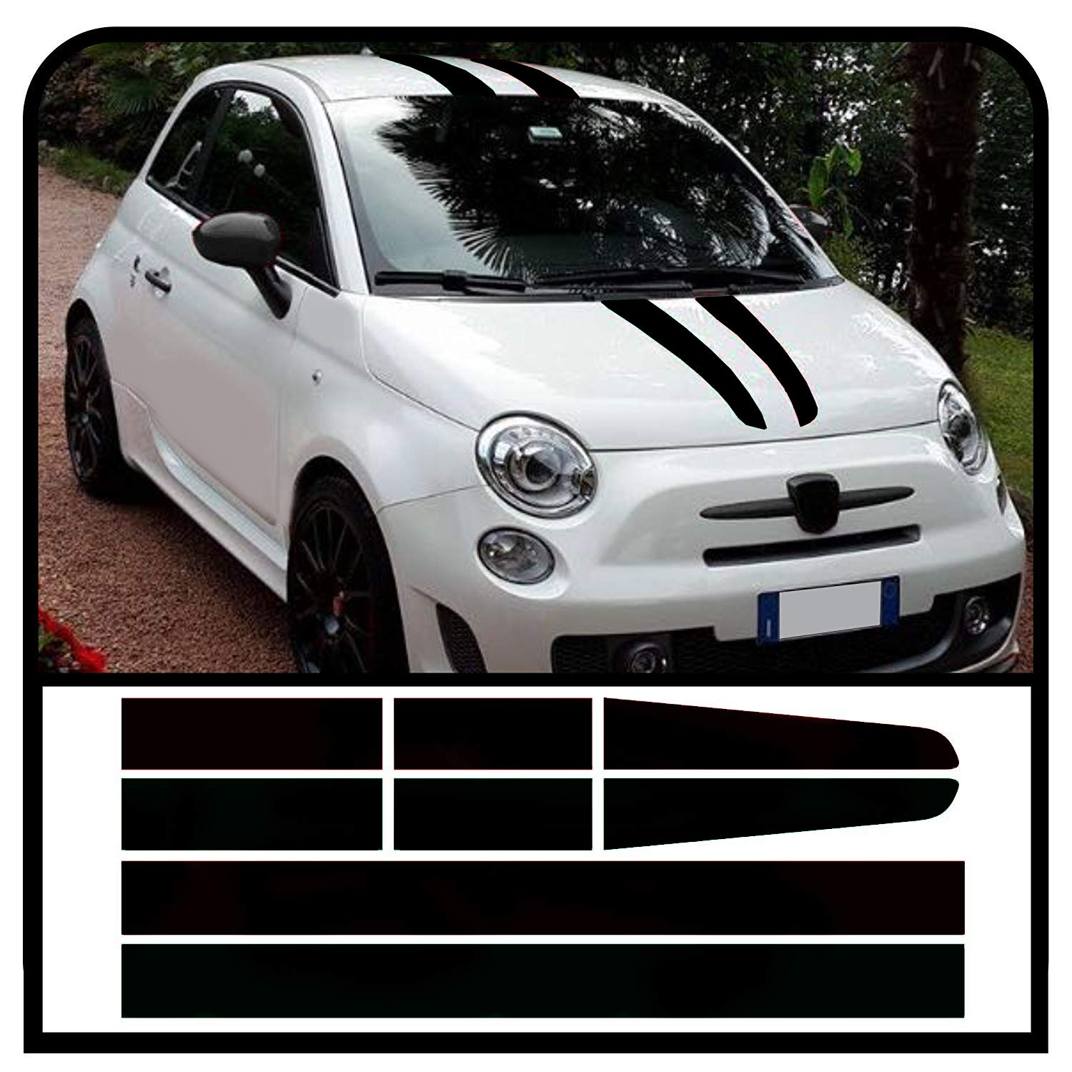 Adesivi fasce adesive strisce tuning fasce cofano tettino e baule compatibile con 500 ed altre auto (NERO)