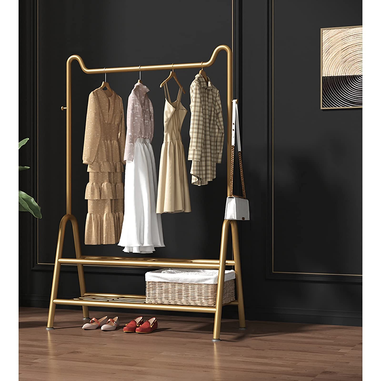 YNBSHGAA Gold Freestanding Metal Clothes Rail - Mobile Garment Drying Rack & Coat Hanger with Bottom Shoe Shelf - Stylish Clothing Display Stand, 120Cm,Gold-100Cm