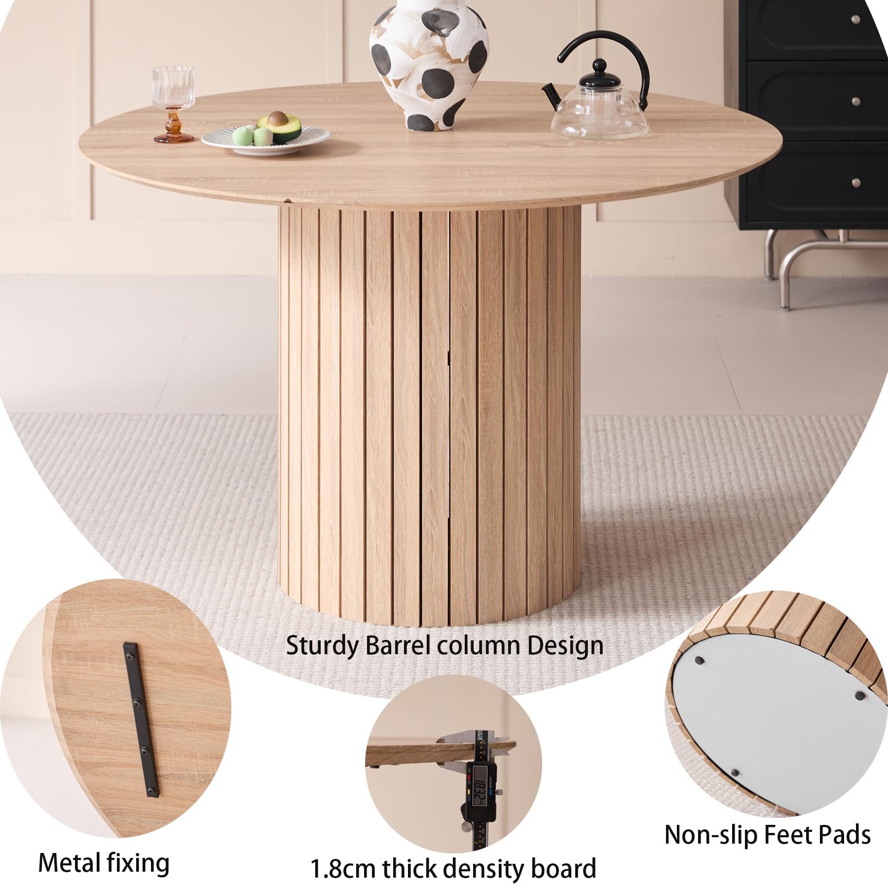 GrandCA HOME Table à Manger Ronde, Table de Cuisine Moderne 120 cm, Table de Salle à Manger avec Base Ronde en Bois, Grand Plateau en MDF pour 4 à 6 Personnes, Marron Clair