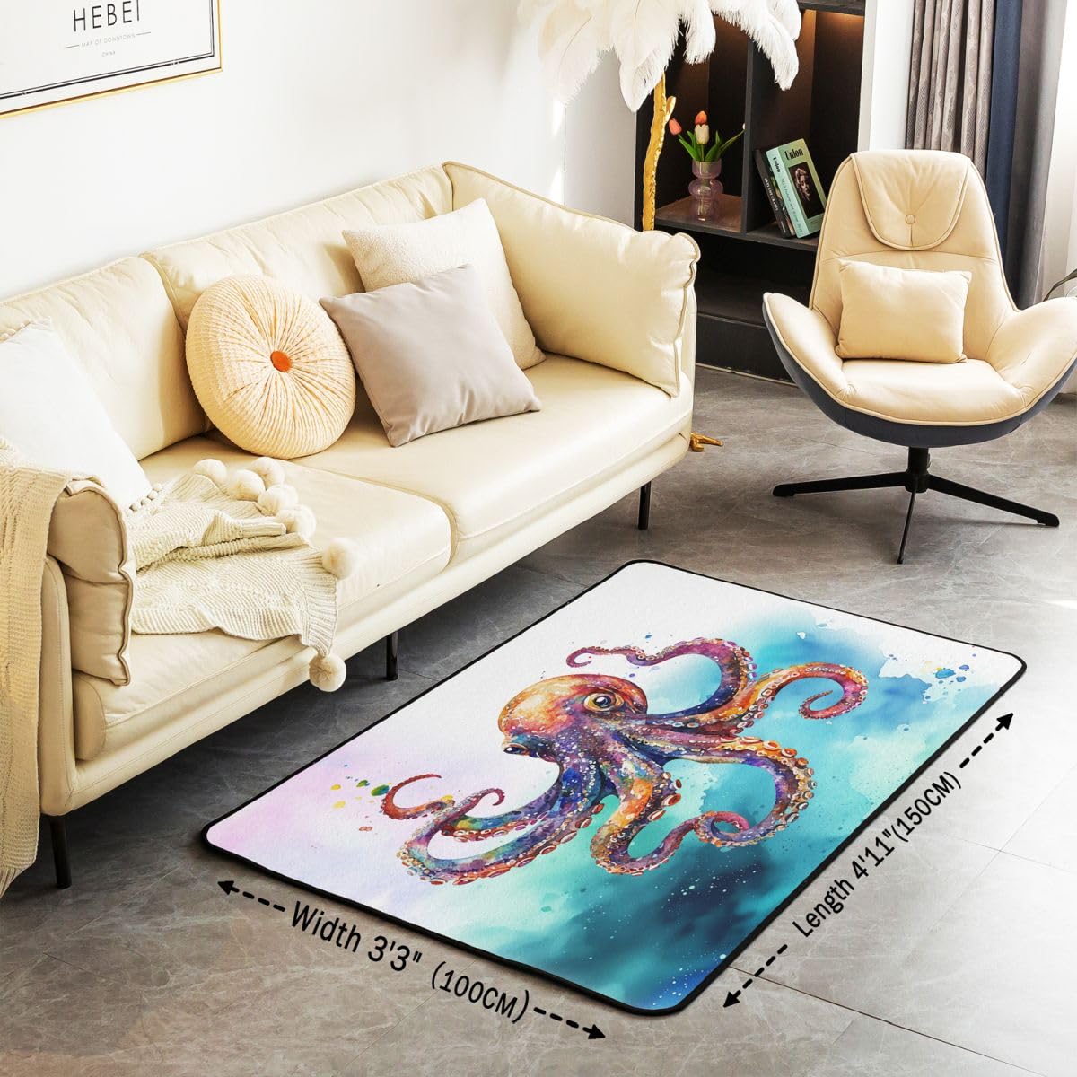 Homewish Oktopus Teppiche Wohnzimmer für Kinder Jugendliche Erwachsene Meeresleben Ozeantier Rug Pflegeleicht Ombre Lila Oktopus Teppich 150x200 Tentakel Carpet Living Room