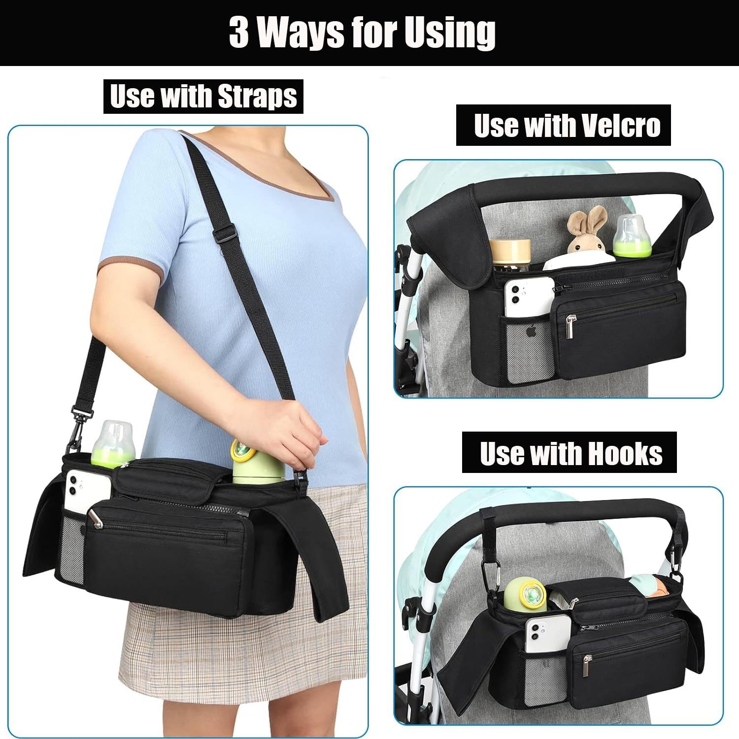PAIKIUU Pram Organiser Bag Pushchair Organiser Buggy Organiser Bag Stroller Organiser Bag with 3 Insulated Cup Holder Zippered Pocket Adjustable Shoulder Strap for Any Pram Handlebar - Image 4