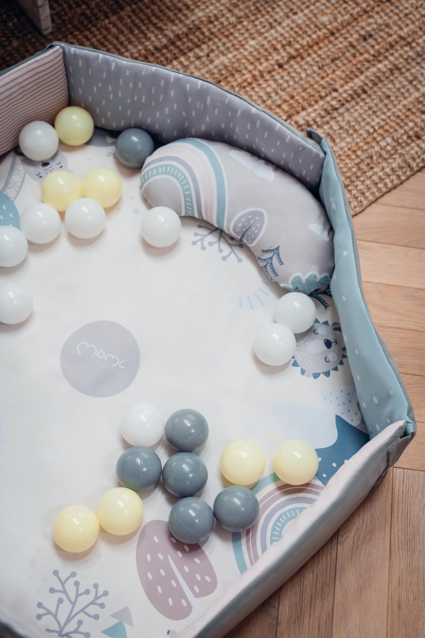 Arche de jeu MoMi PASTEL avec tapis rampant 3 en 1 pour bébé dès la naissance, tapis d'activité sensorielle avec 2 arches, bain de balles, 5 jouets, 20 balles avec sac