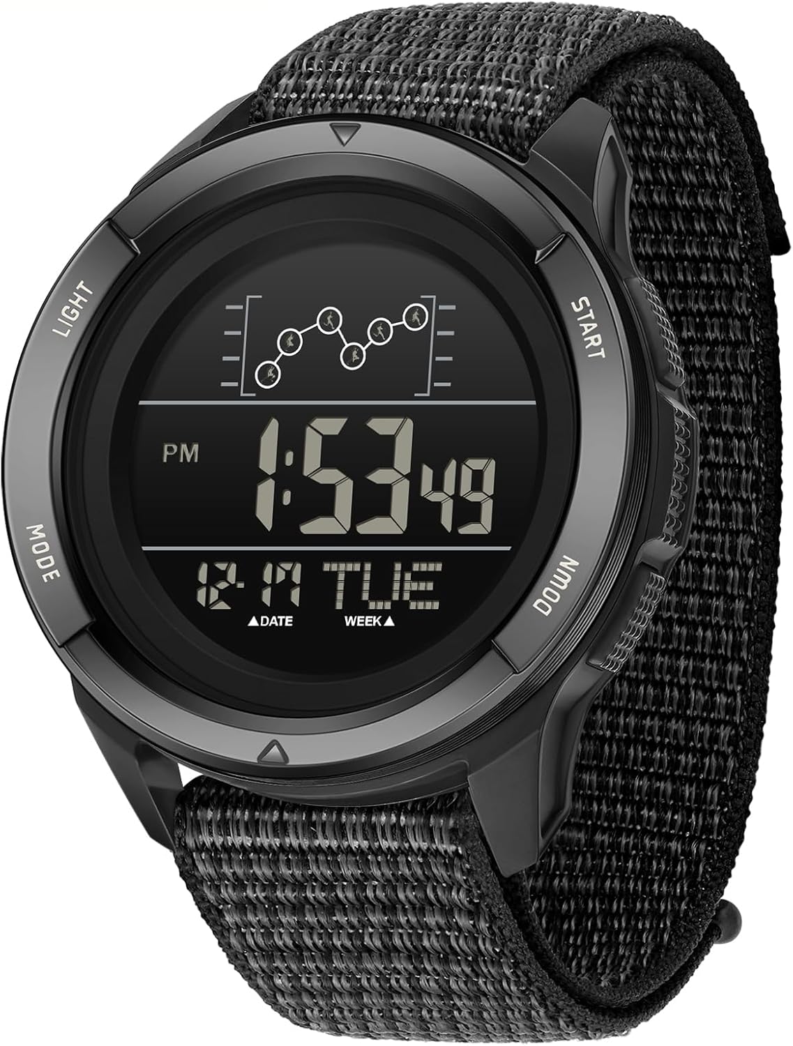 Gosasa Men's Digital Sports Watch with Velcro Buckle, Military Style Nylon Strap, Waterproof 5ATM Outdoor Tactical Watch with Dual Time, Alarm, Stopwatch, Backlight